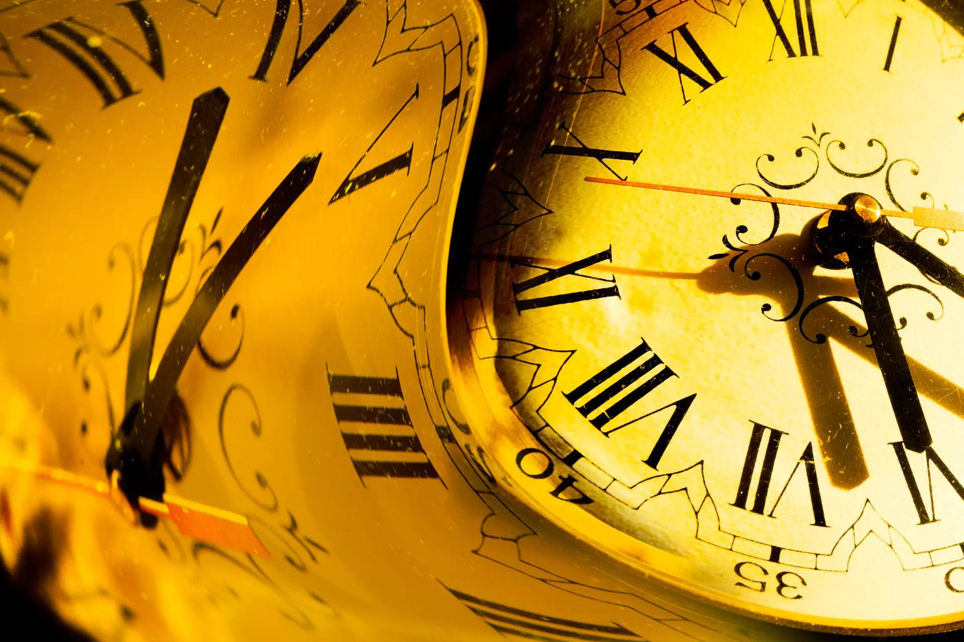 Golden vintage clocks, Roman numerals, surreal, Full HD Desktop Wallpaper