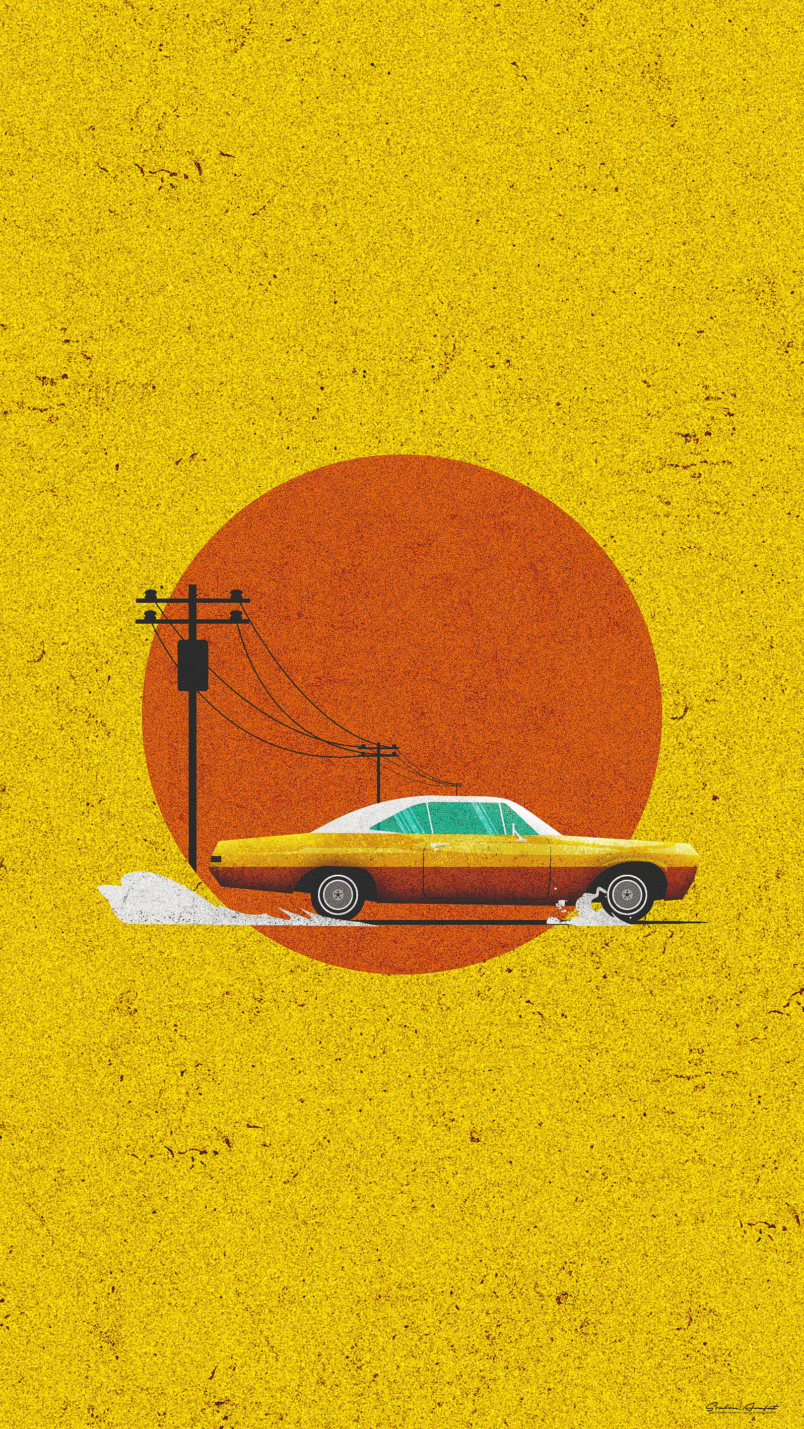 vintage 90s yellow car, yellow car, utility pole, 2K Phone Wallpaper