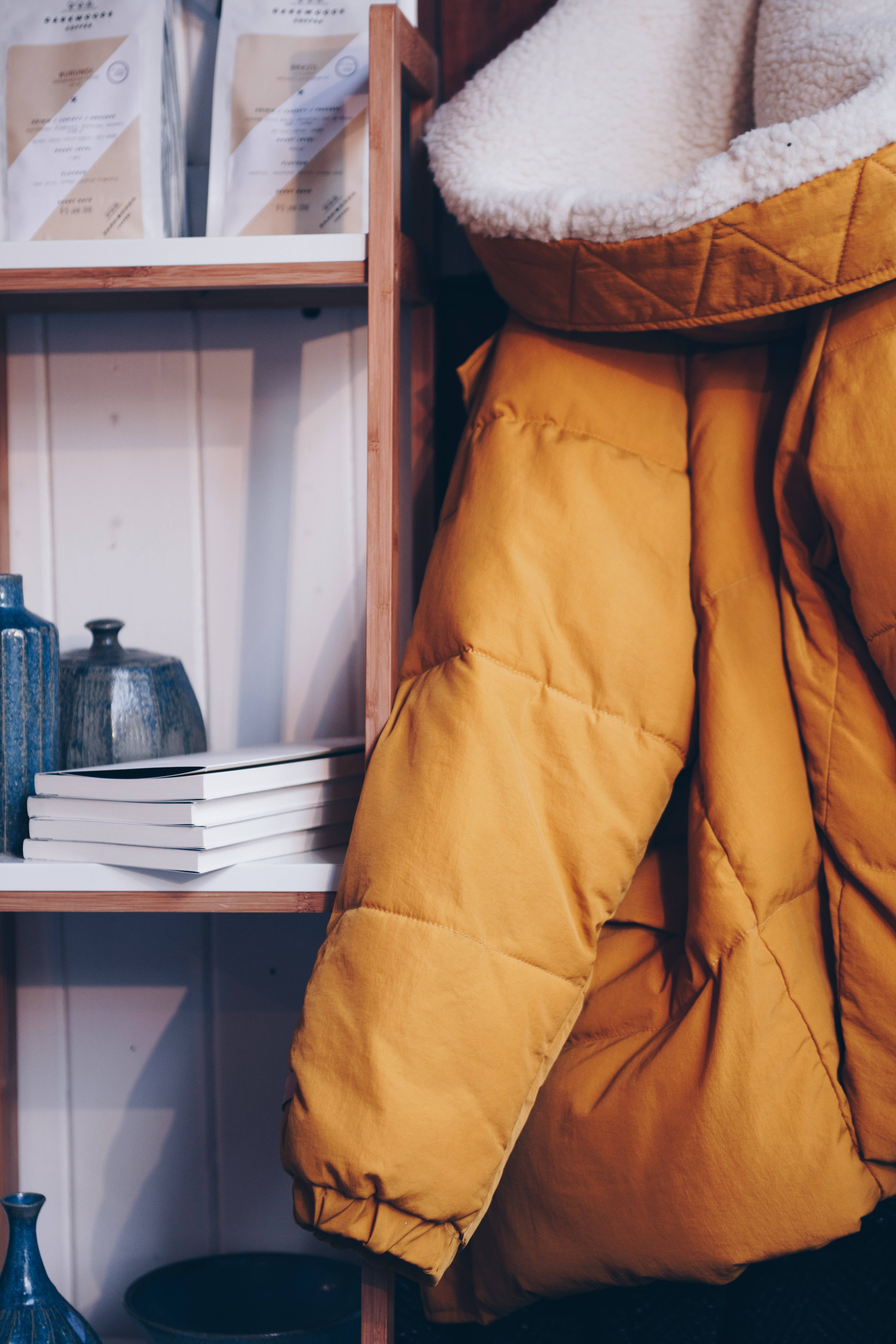 mustard yellow, puffer jacket, fluffy white collar, 5K Phone Wallpaper