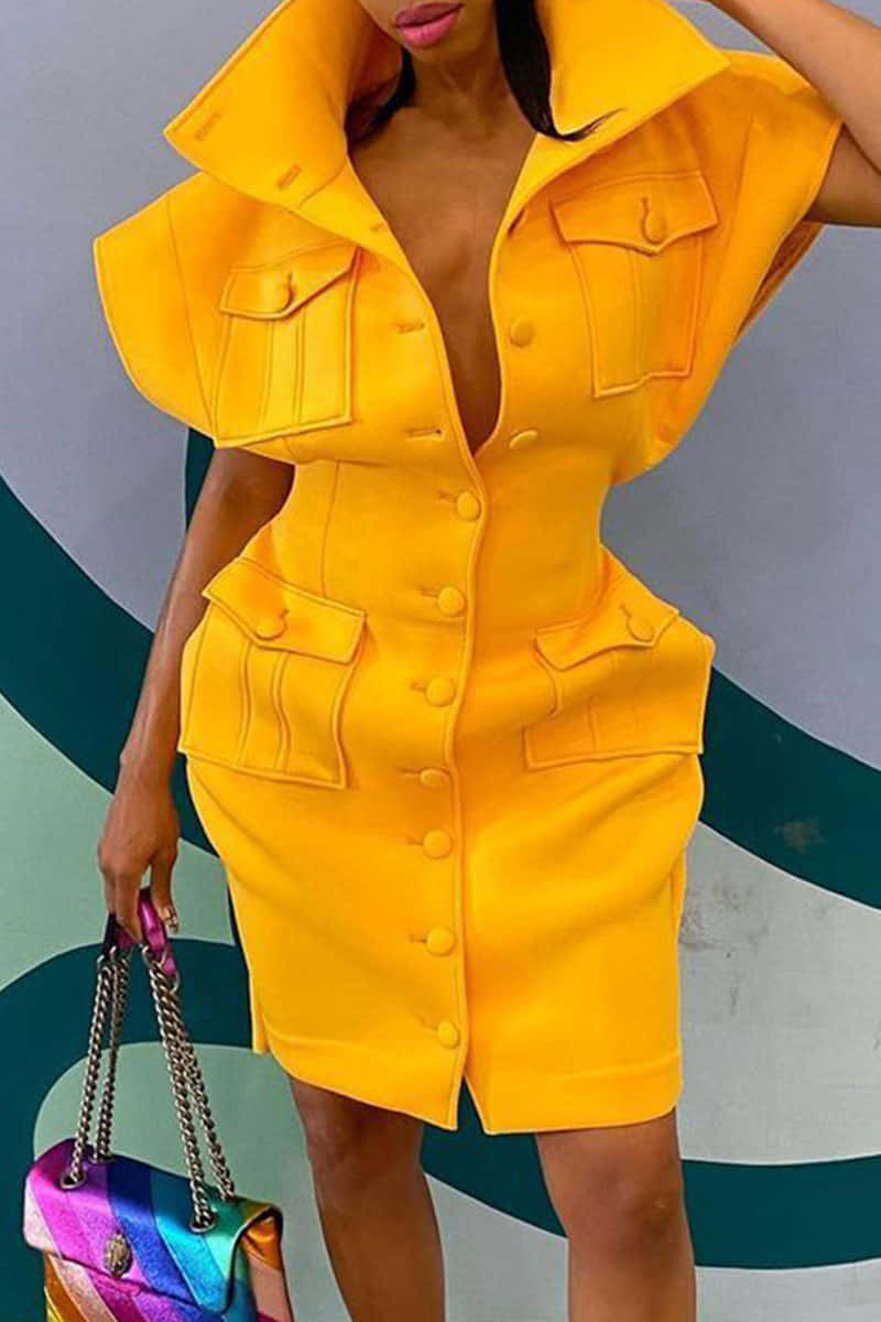 yellow sleeveless button-up dress, flap pockets, colorful abstract wall, SD Phone Wallpaper