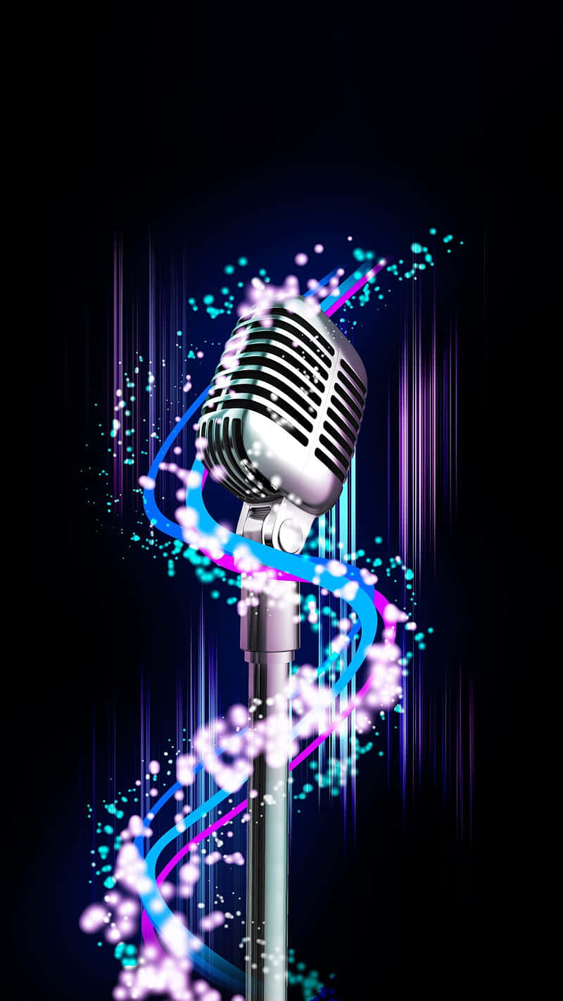 vintage silver microphone, vibrant neon energy trails, dark background, HD Phone Wallpaper