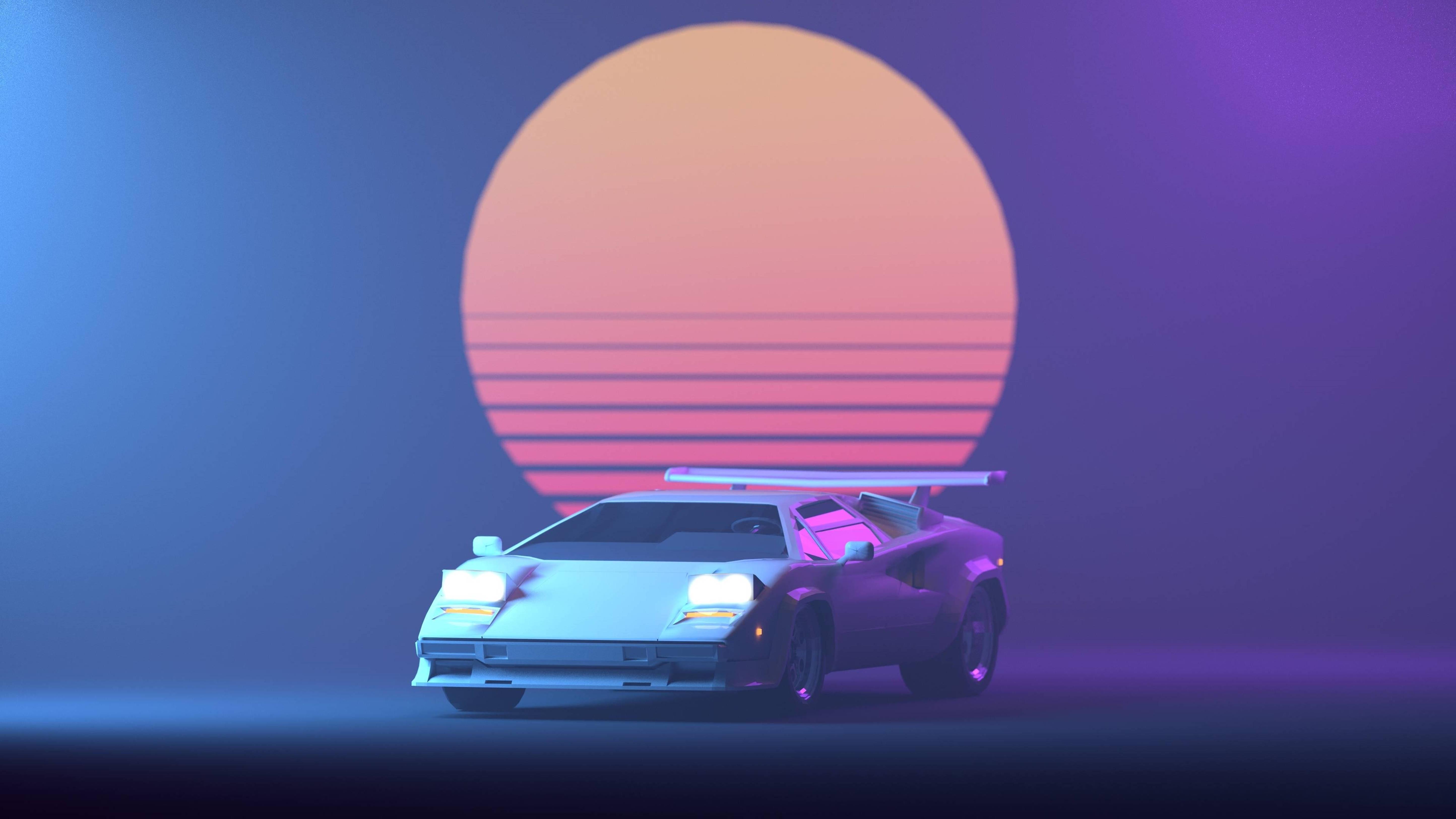 glowing purple sports car, giant sunset, horizontal stripes, 5K Desktop Wallpaper