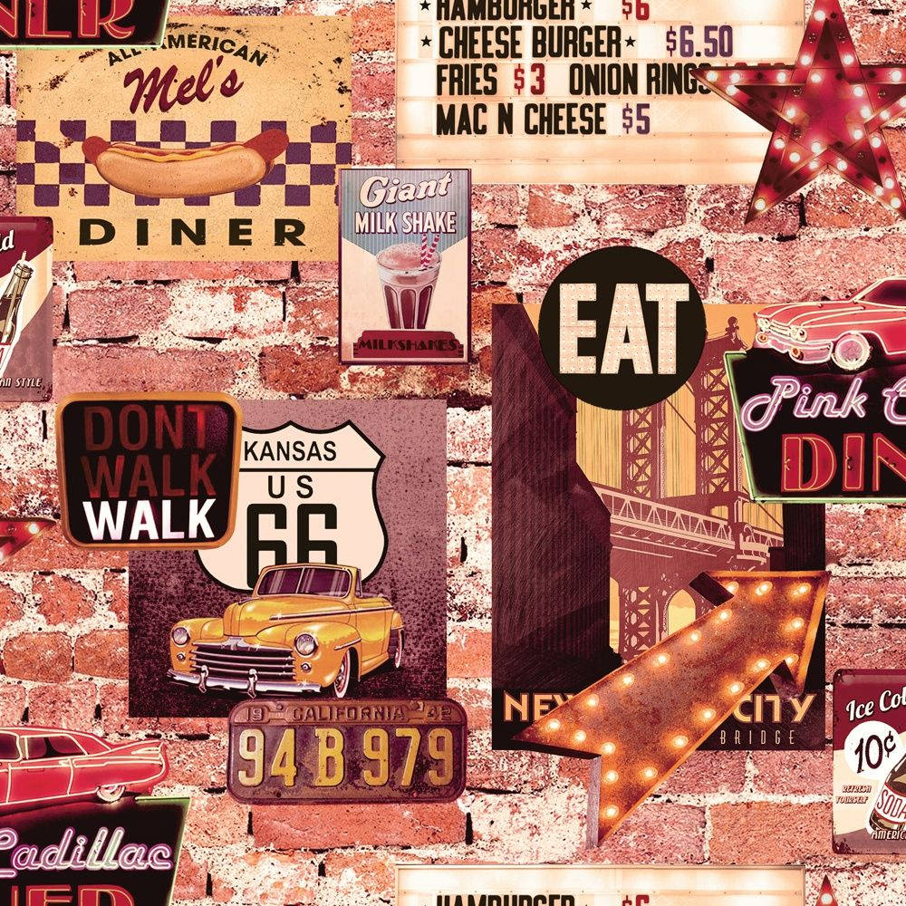 vintage diner signs, classic cars, weathered brick wall, SD Desktop Wallpaper