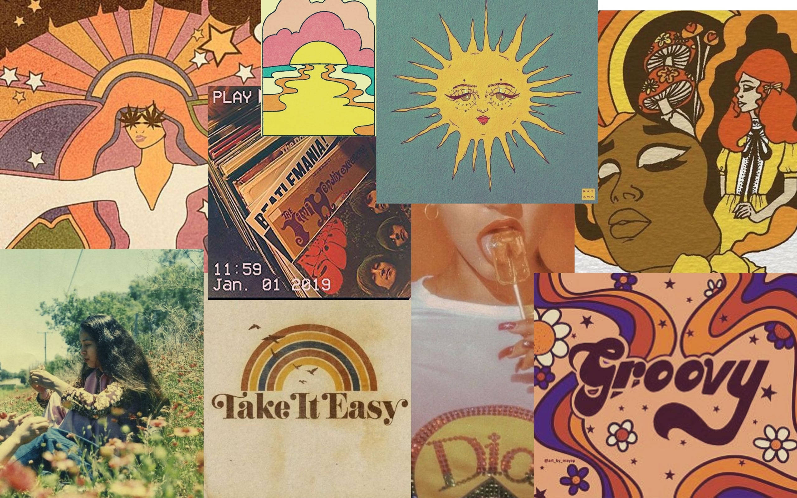 psychedelic 1960s art, suns faces flowers, retro text, 2K Desktop Wallpaper