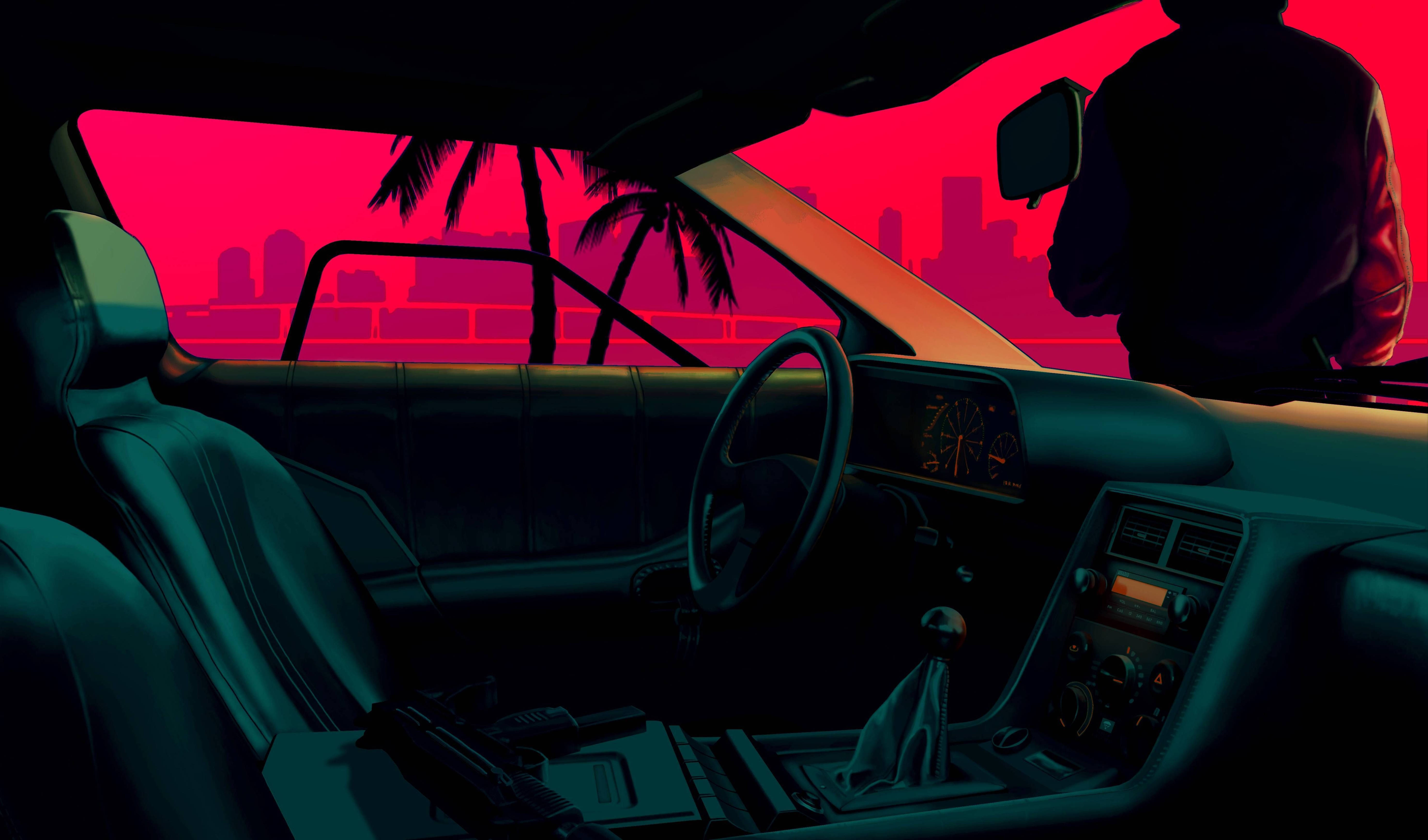 neon-drenched car interior, dusk, vibrant pink cityscape, 5K Desktop Wallpaper