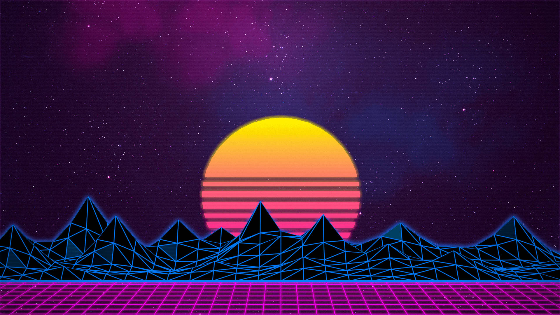 Retro Sun, striped orange sun, neon blue geometric mountains, Full HD Desktop Wallpaper