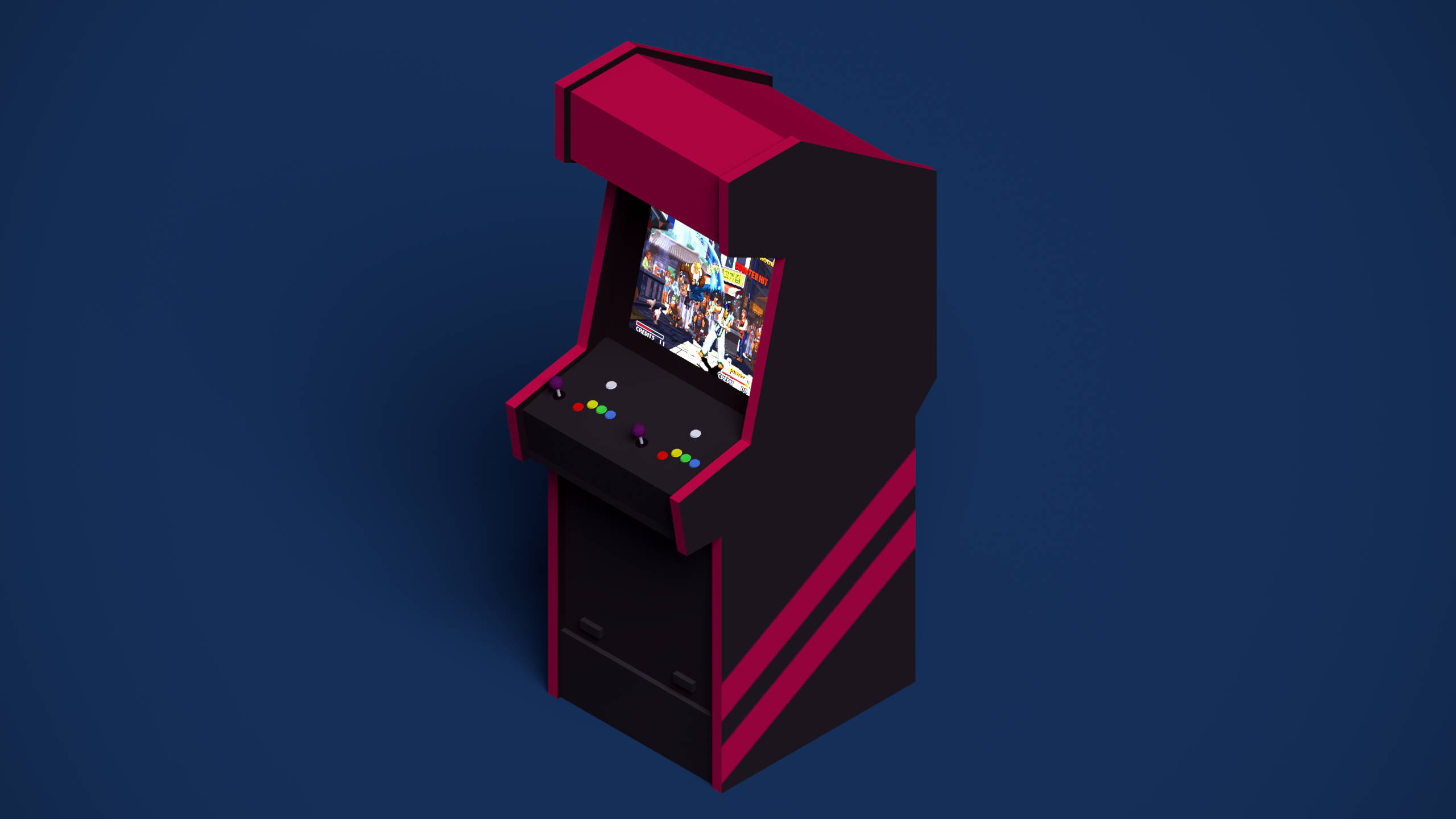 Arcade 4D Ultra HD, sleek black and magenta arcade machine, colorful buttons, 2K Desktop Wallpaper