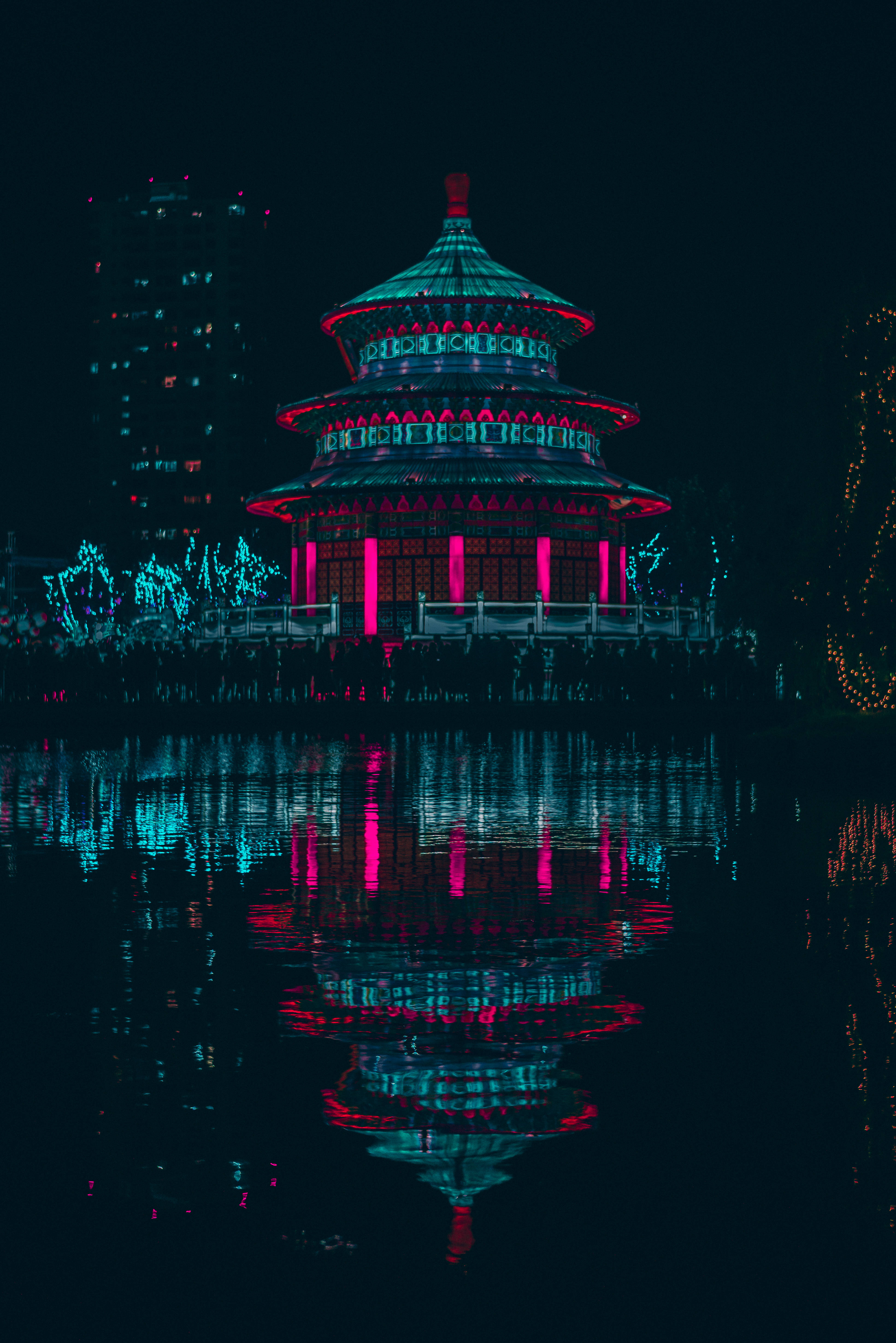 retrowave, pagoda, neon-lit, 5K Phone Wallpaper