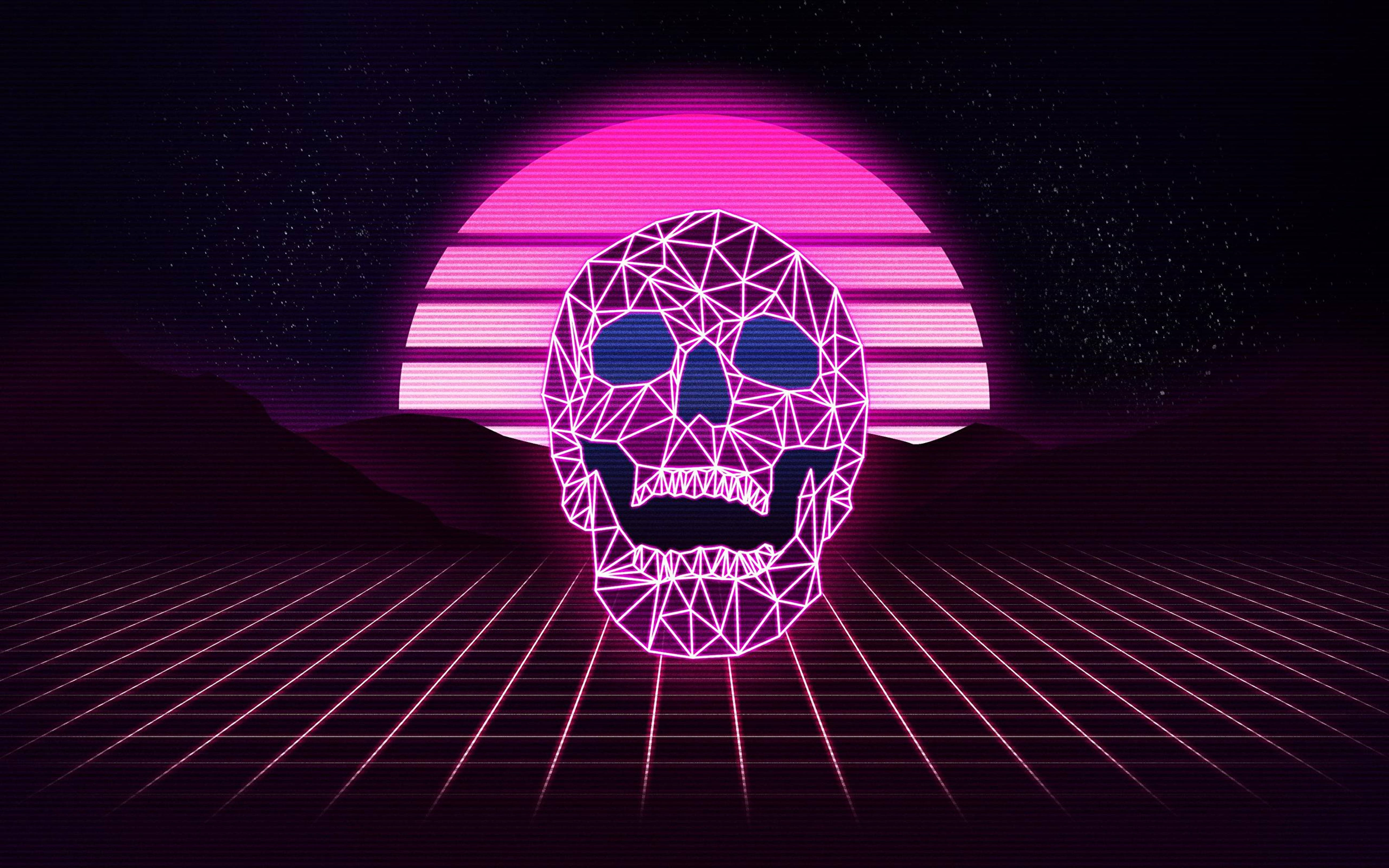 neon purple skull, glowing pink geometric skull, neon grid, 5K Desktop Wallpaper