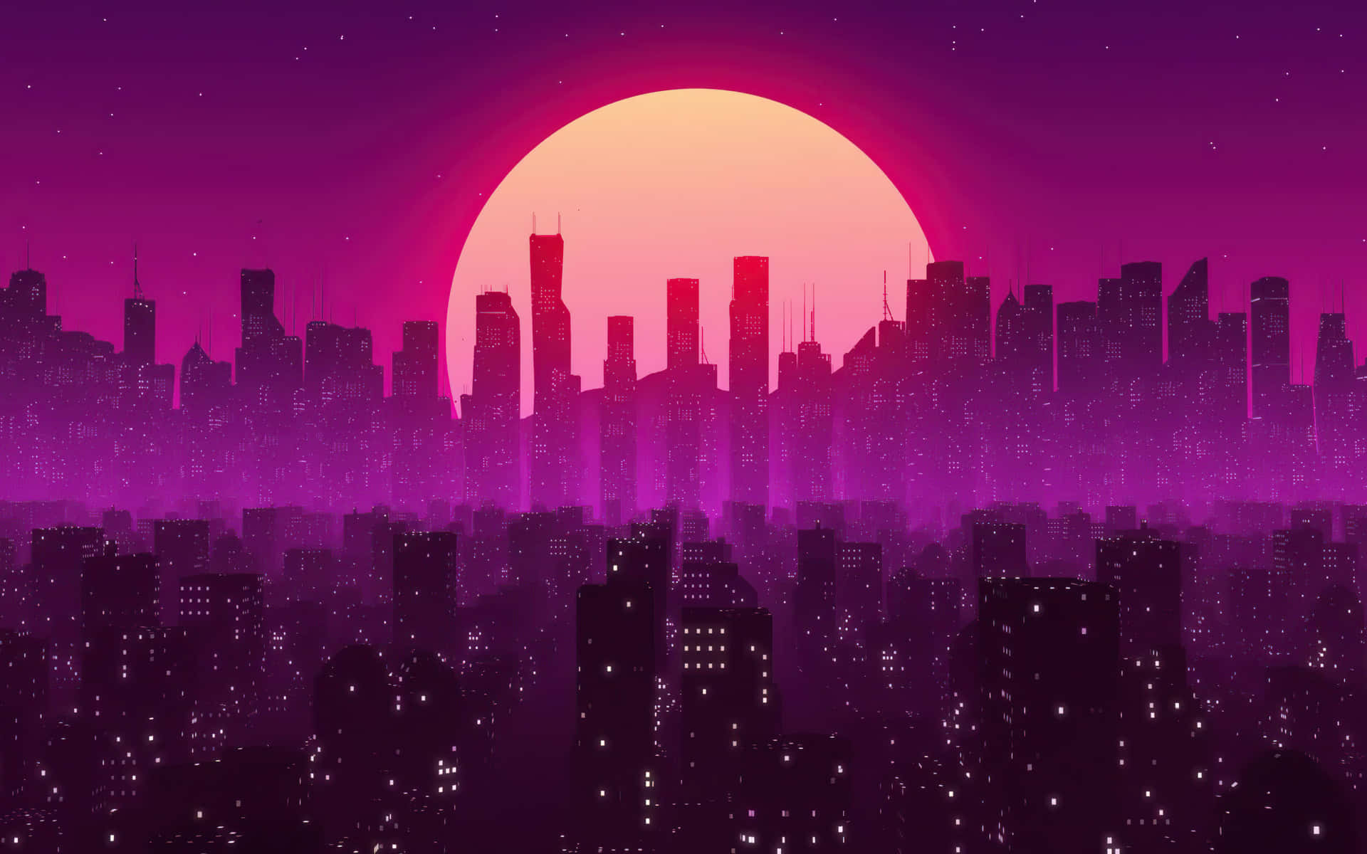 Neon Pink City Sun, retrofuturistic city skyline, dusk, Full HD Desktop Wallpaper