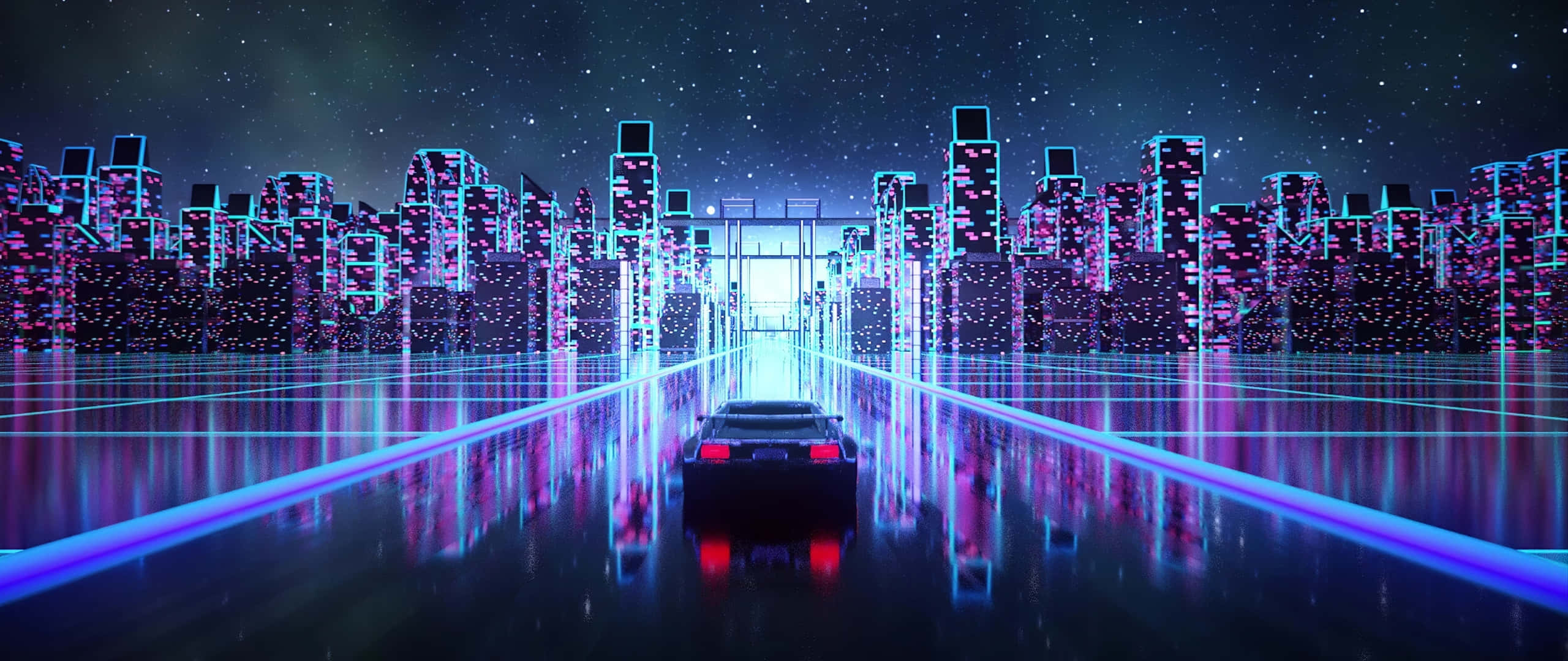 sleek black car, glowing neon avenue, radiant tunnel, 2K Desktop Wallpaper