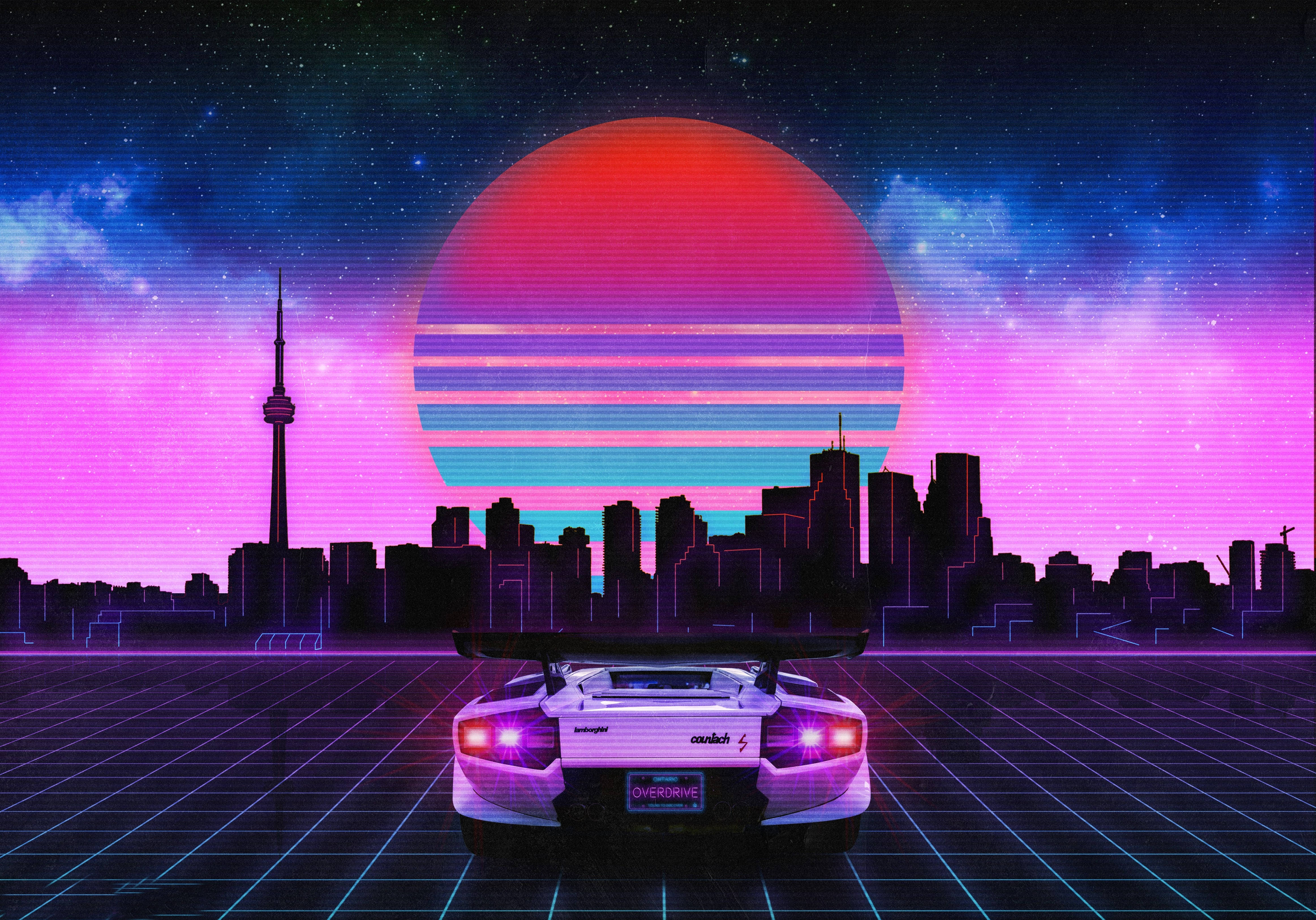retrowave, sports car, neon grid, 4K Desktop Wallpaper