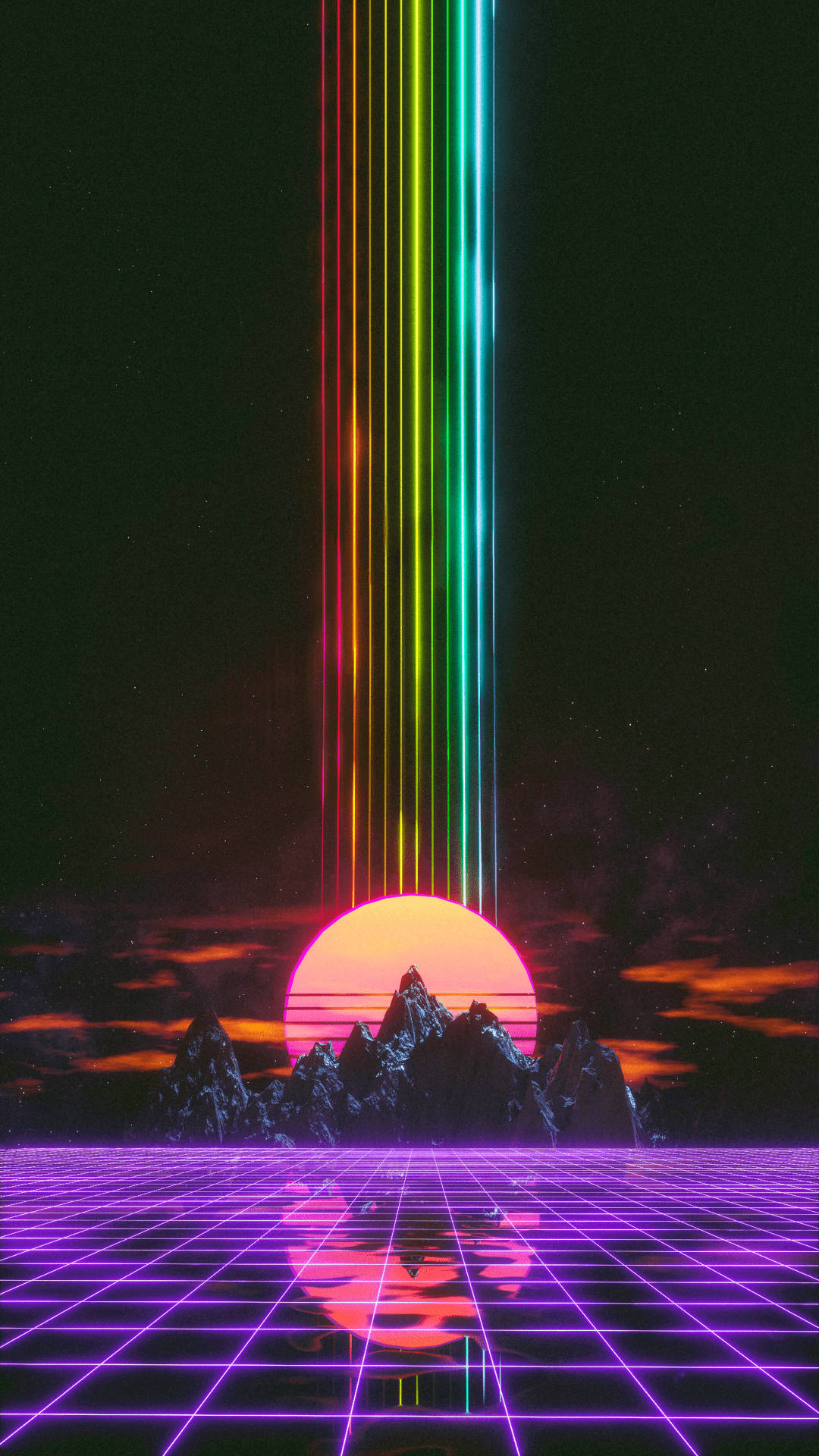 Synthwave Sunstreak Cover, neon beams, glowing sun, Full HD Phone Wallpaper