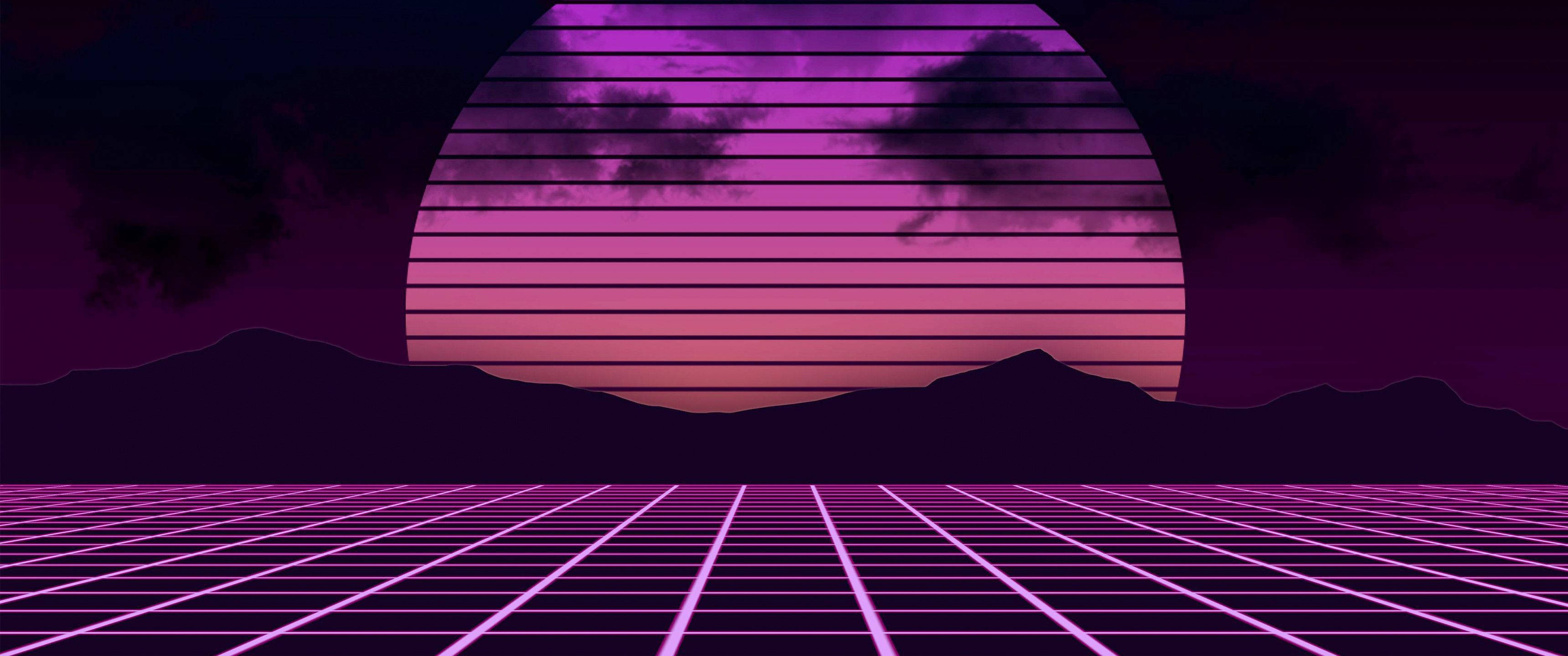 purple retrowave, full moon, retrowave landscape, 2K Desktop Wallpaper