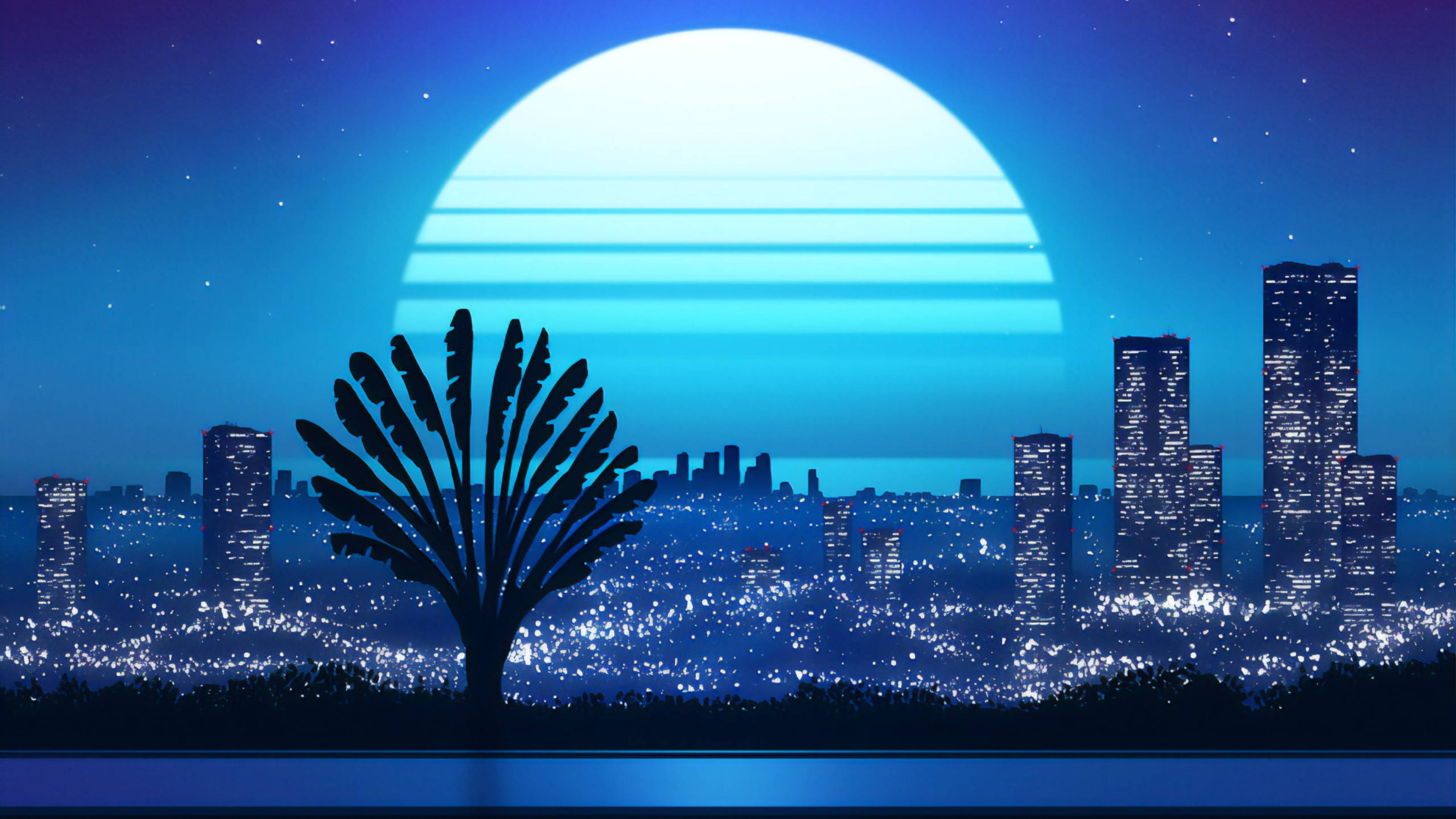 blue moon, retro-futuristic city, palm tree silhouette, 4K Desktop Wallpaper