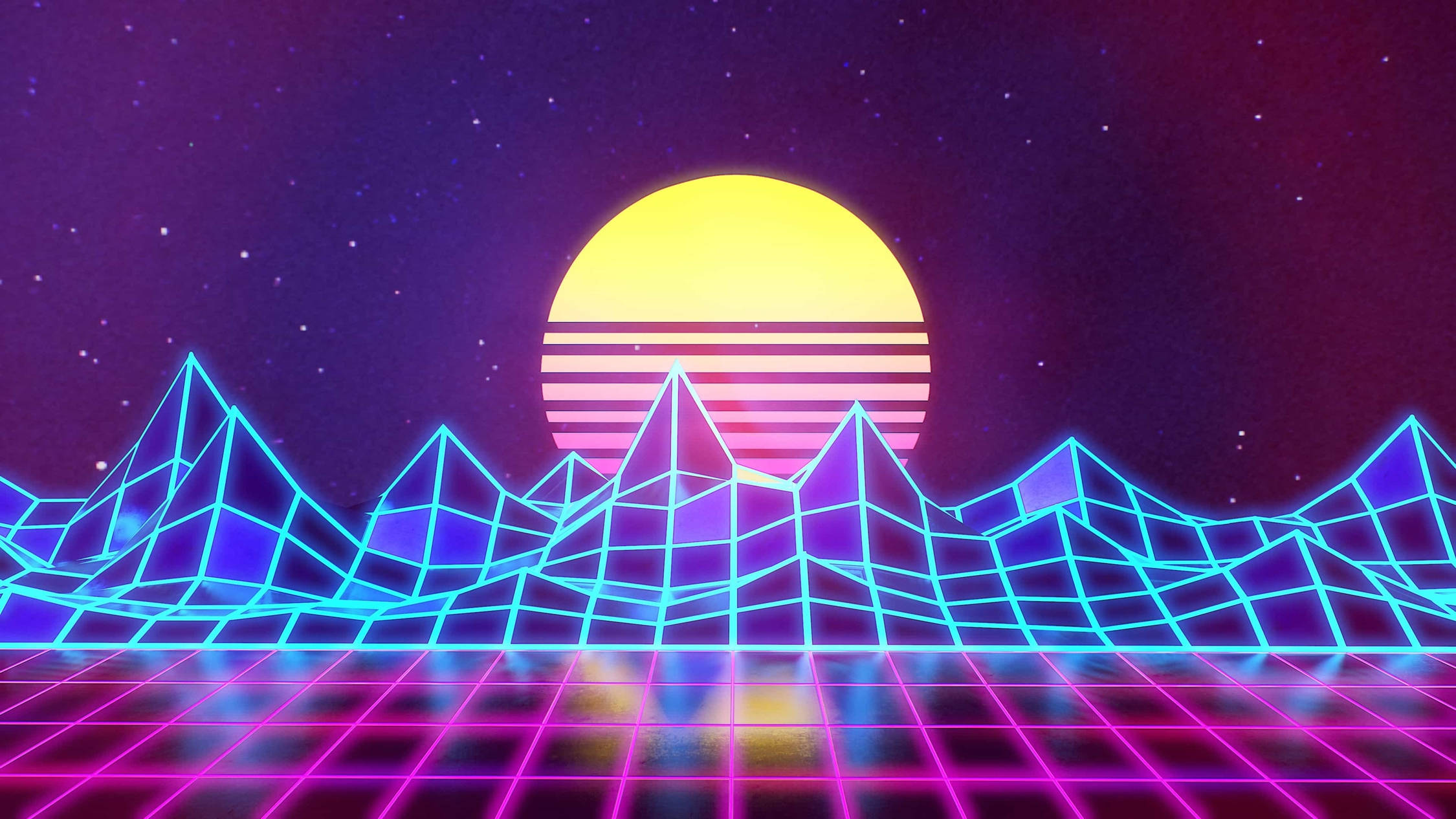 80s retro, neon grid landscape, glowing blue mountains, Full HD Desktop Wallpaper