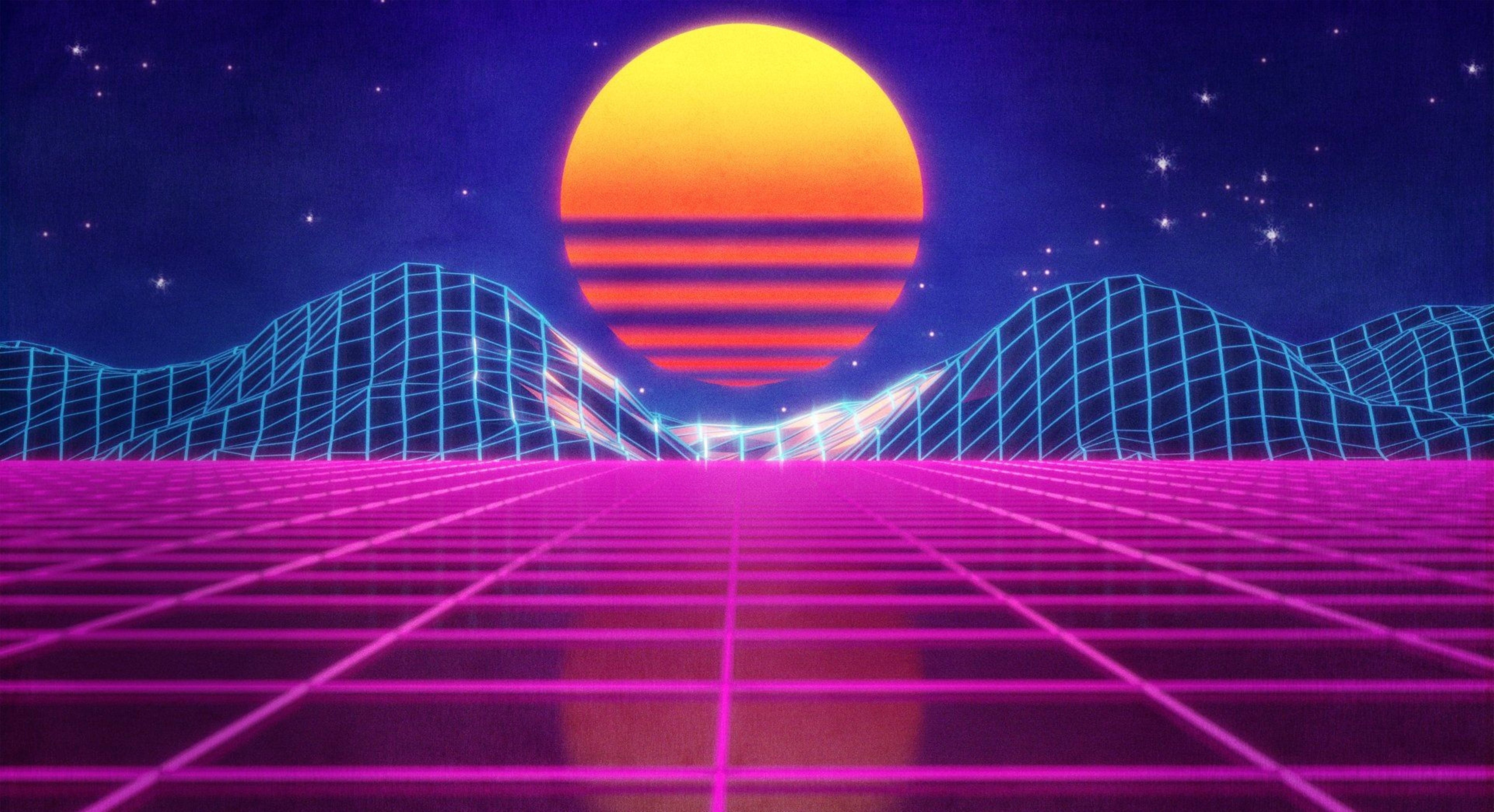 Retrowave, neon grid, glowing sunset, 5K Desktop Wallpaper