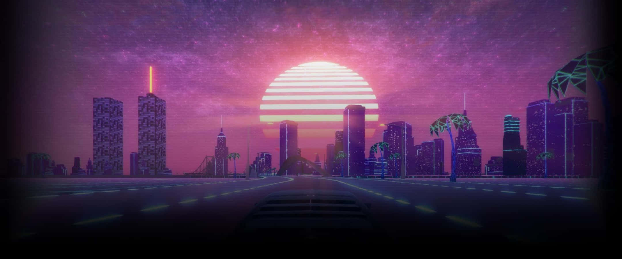 80s vaporwave, cityscape, sunset, Full HD Desktop Wallpaper