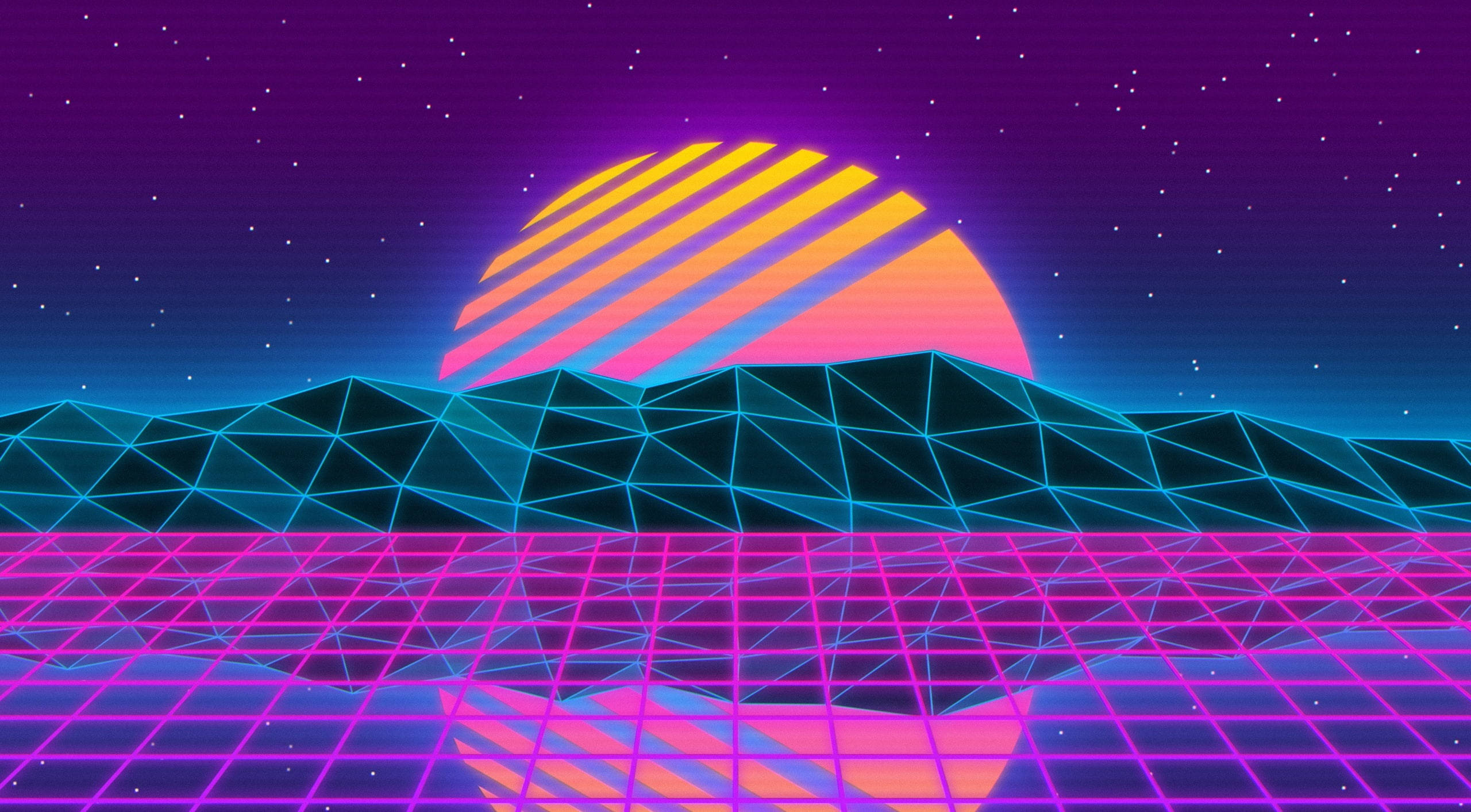 Sunset Purple Aesthetic, neon sunset, striped sun, 2K Desktop Wallpaper
