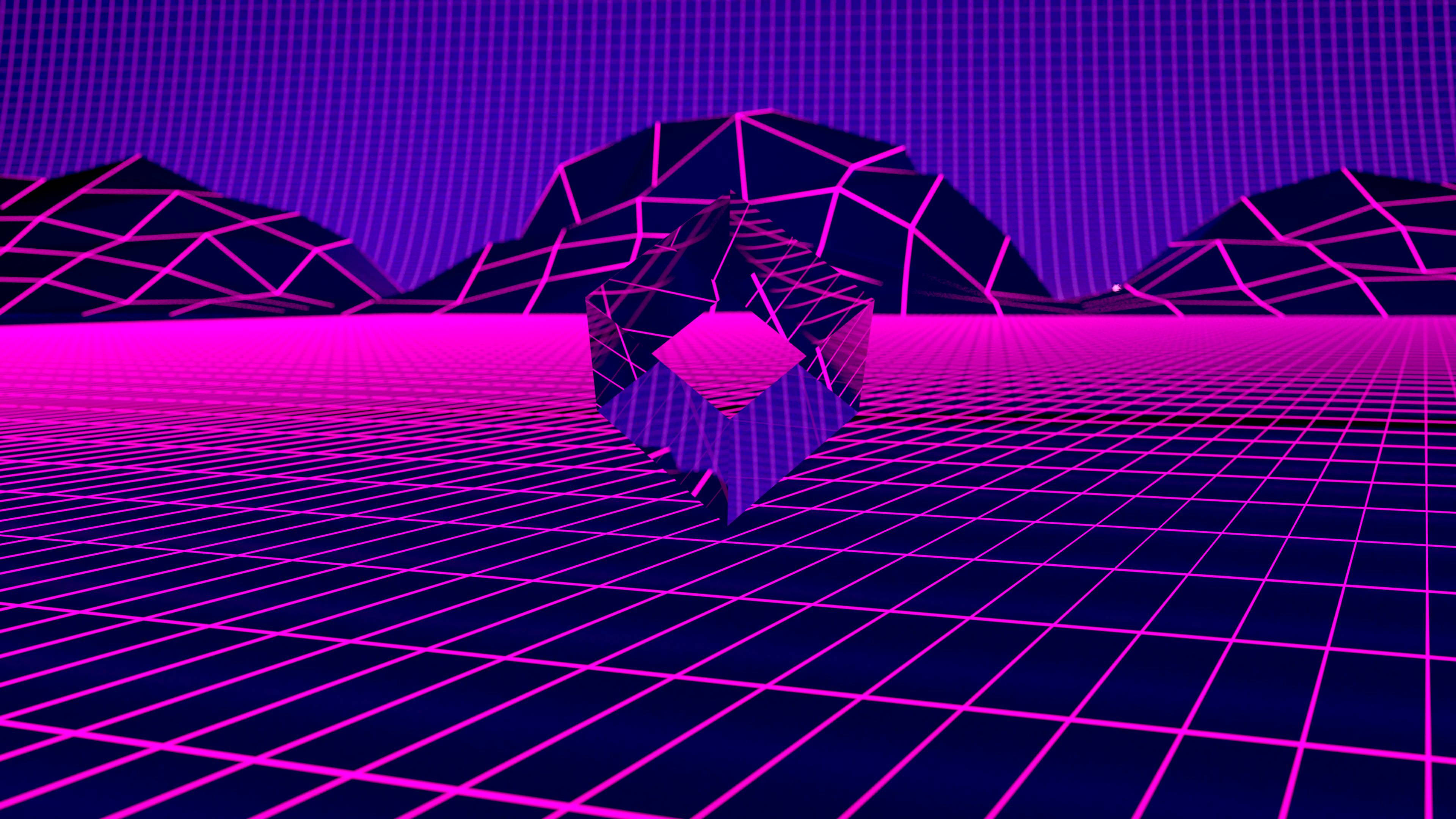 neon pink cube, grid floor, purple grid sky, 4K Desktop Wallpaper