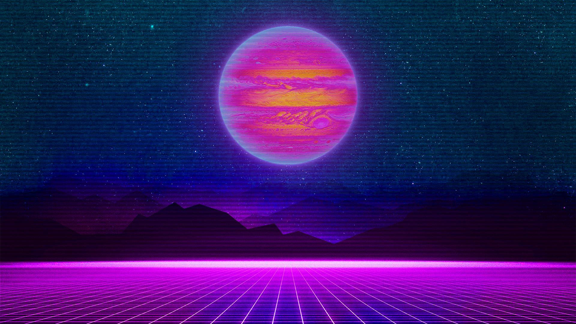 neon grid floor, glowing pink and orange planet, purple mountains, Full HD Desktop Wallpaper