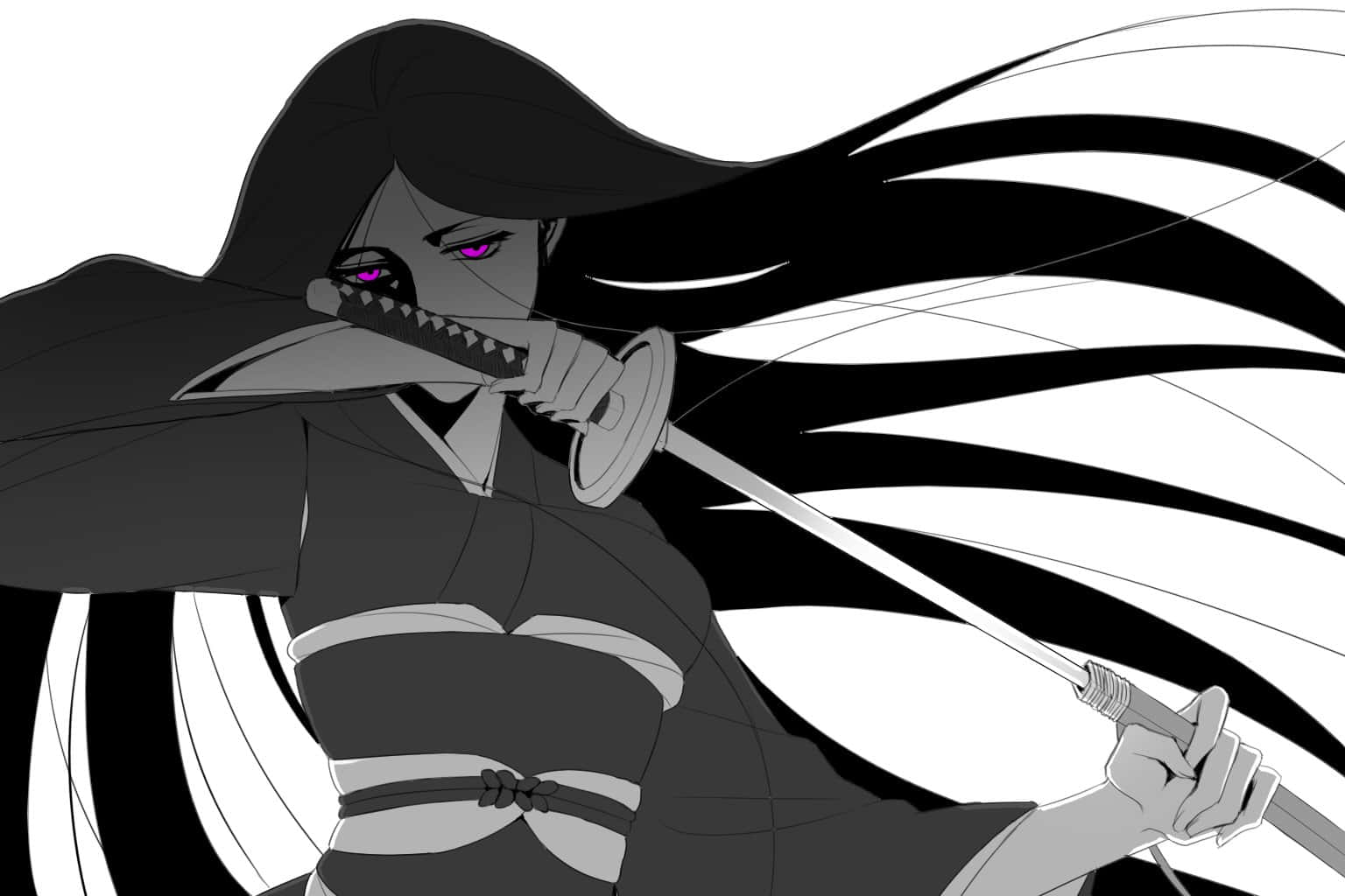 Retsu Unohana, long black hair, glowing purple eyes, HD Desktop Wallpaper
