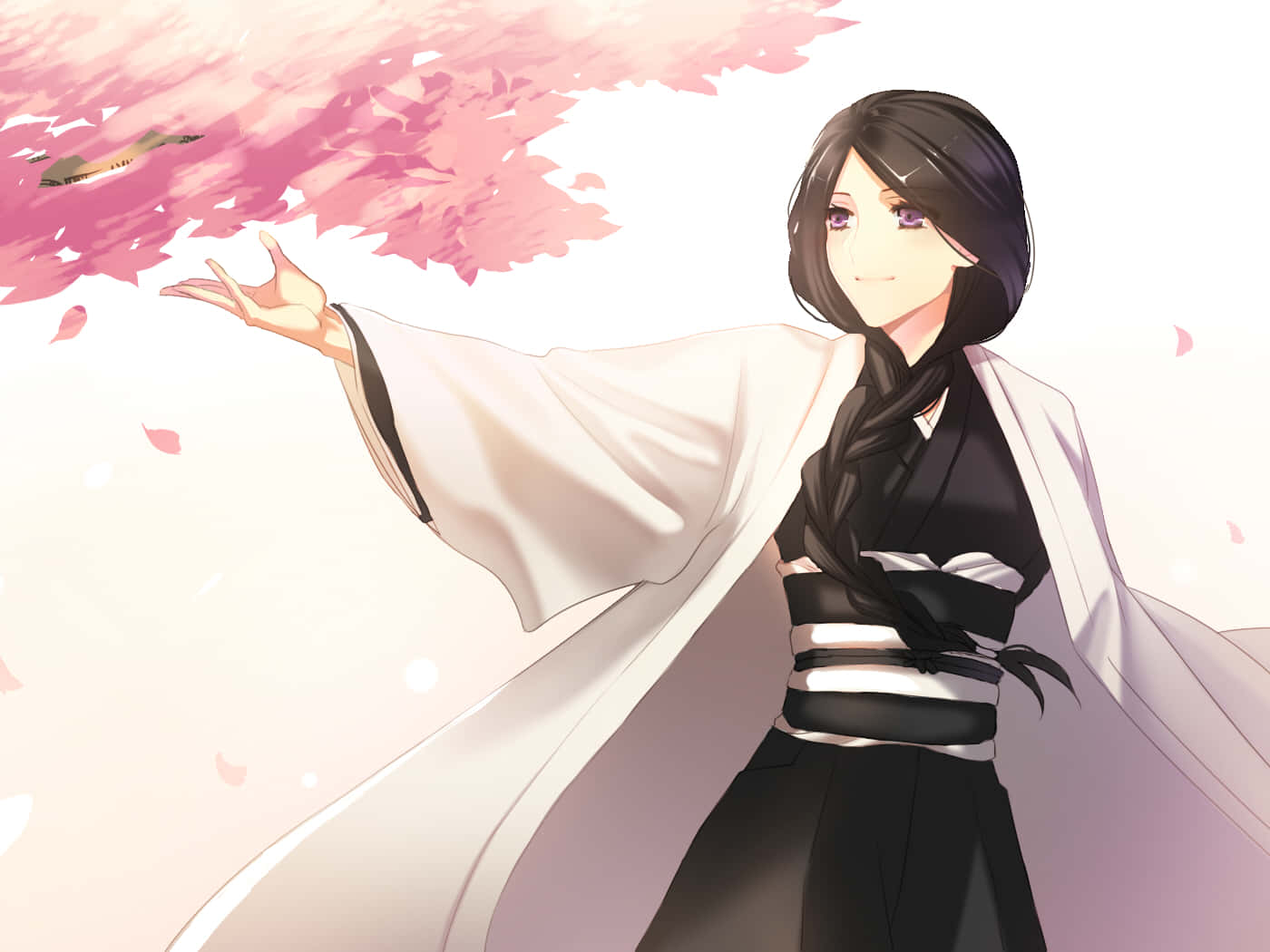 Retsu Unohana, black and white kimono, pink cherry blossoms, HD Desktop Wallpaper