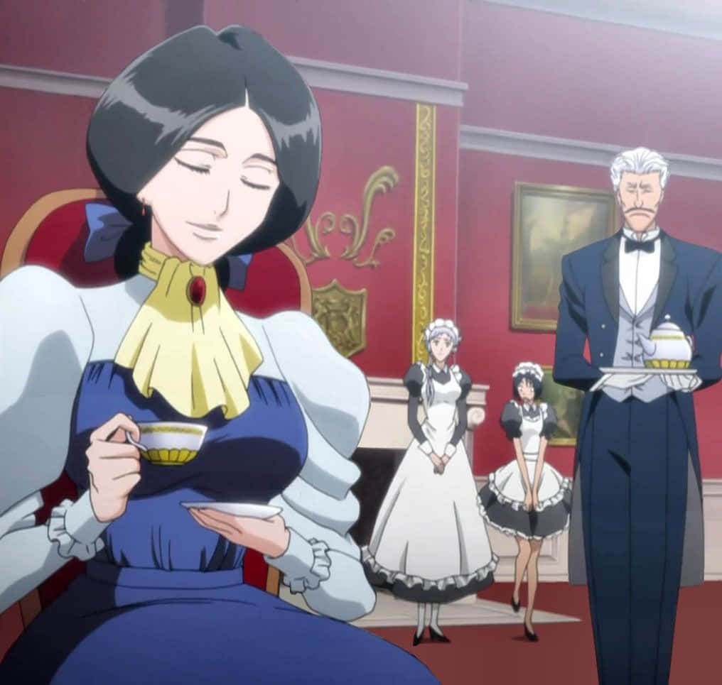 Retsu Unohana, blue dress, lavish red room, SD Desktop Wallpaper