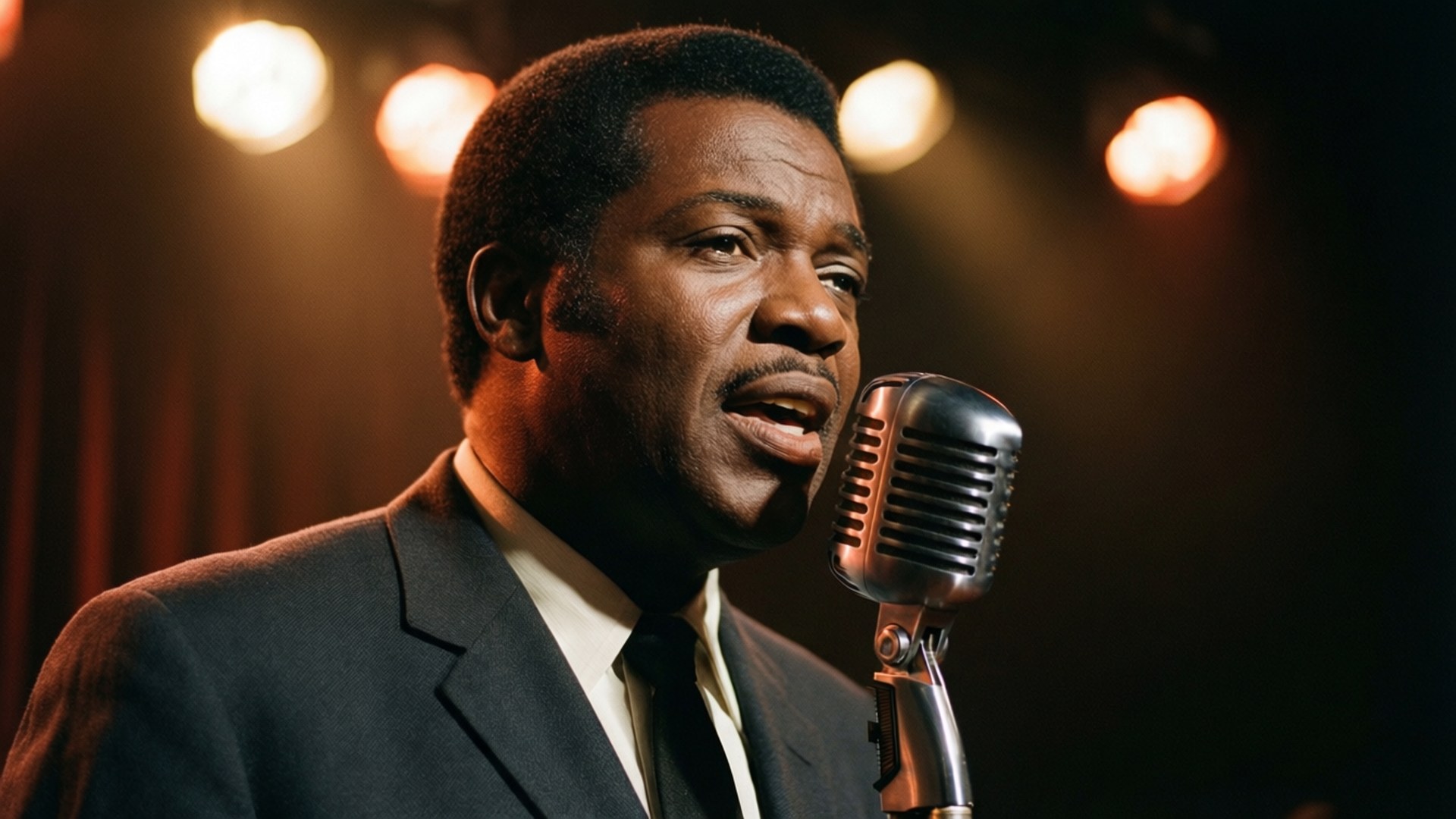 Rev James Cleveland, vintage microphone, warm stage lighting, Full HD Desktop Wallpaper