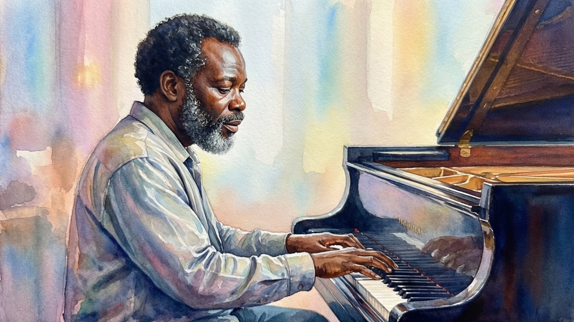Rev James Cleveland, piano, watercolor painting, Full HD Desktop Wallpaper