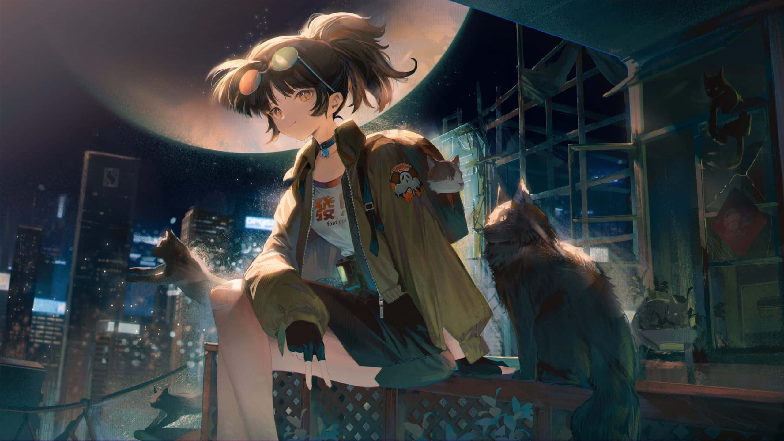 Cyberpunk Nightlifewith Companion, goggles, wolf-like creature, 2K Desktop Wallpaper