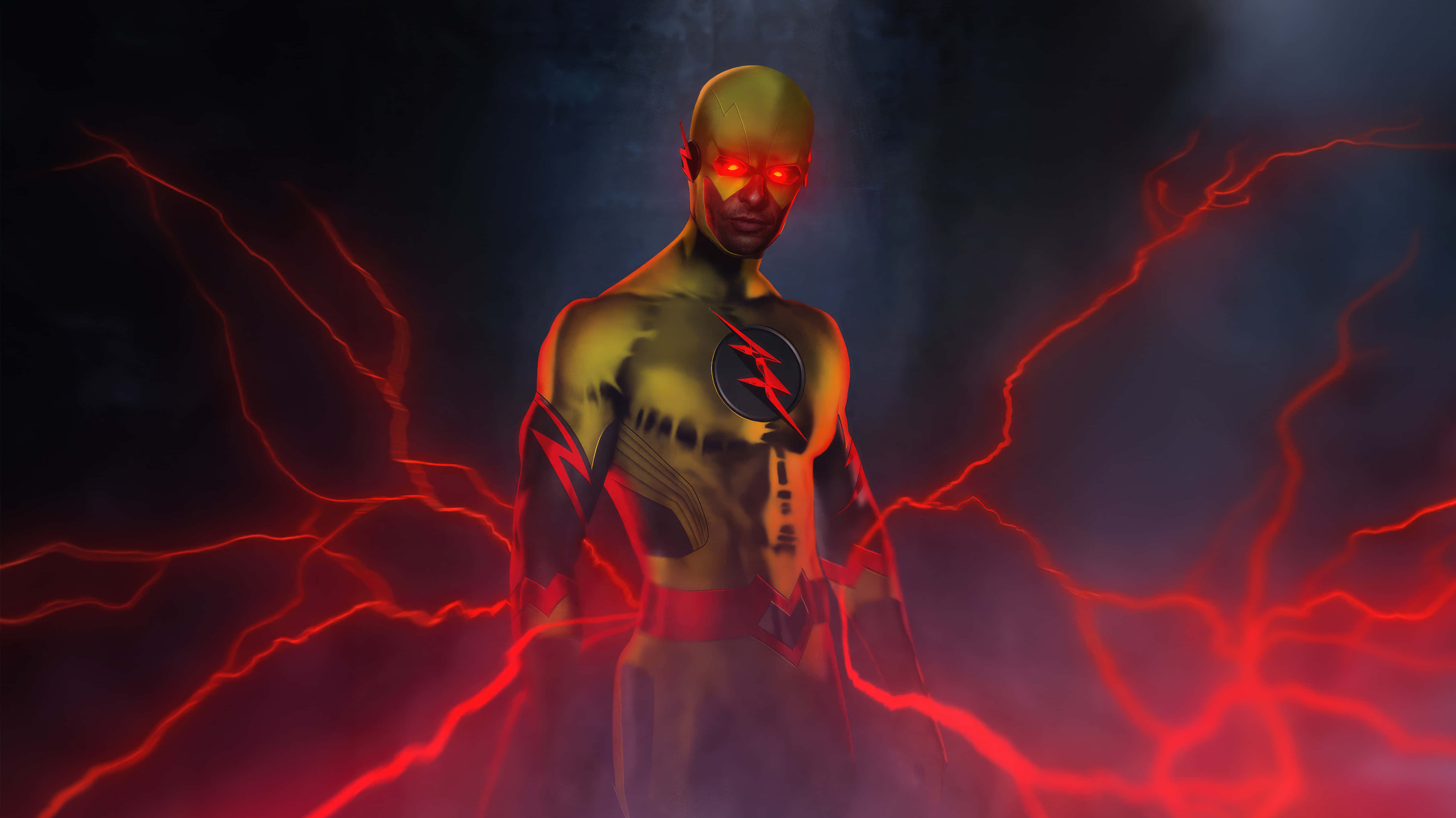 Reverse Flash, glowing red eyes, gold suit, 5K Desktop Wallpaper