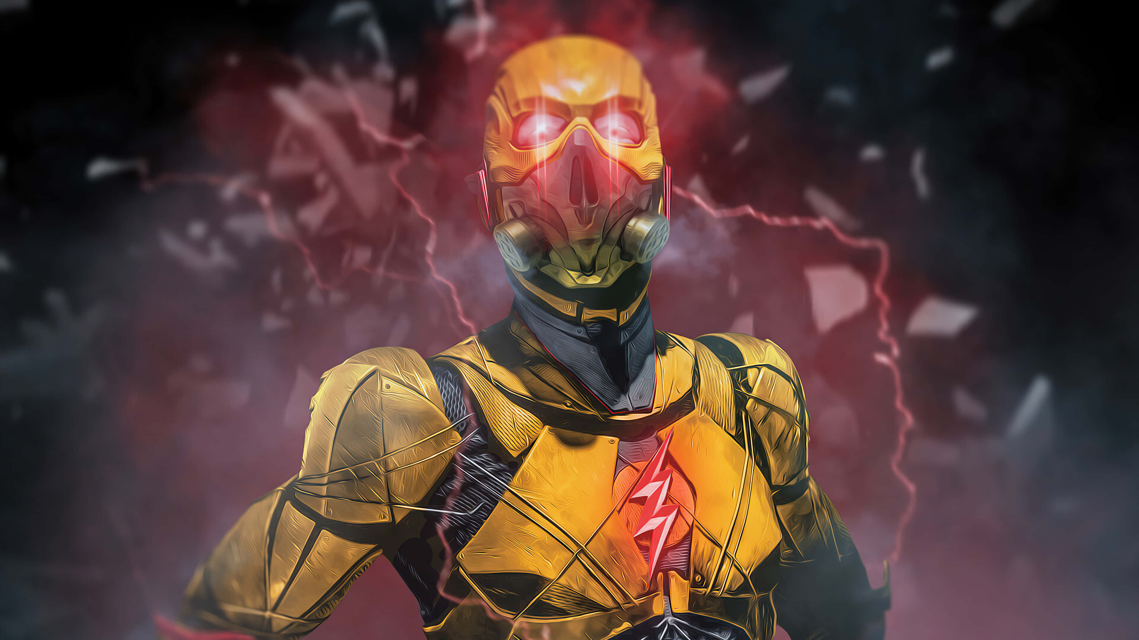 Reverse Flash, golden armor, glowing red eyes, 4K Desktop Wallpaper