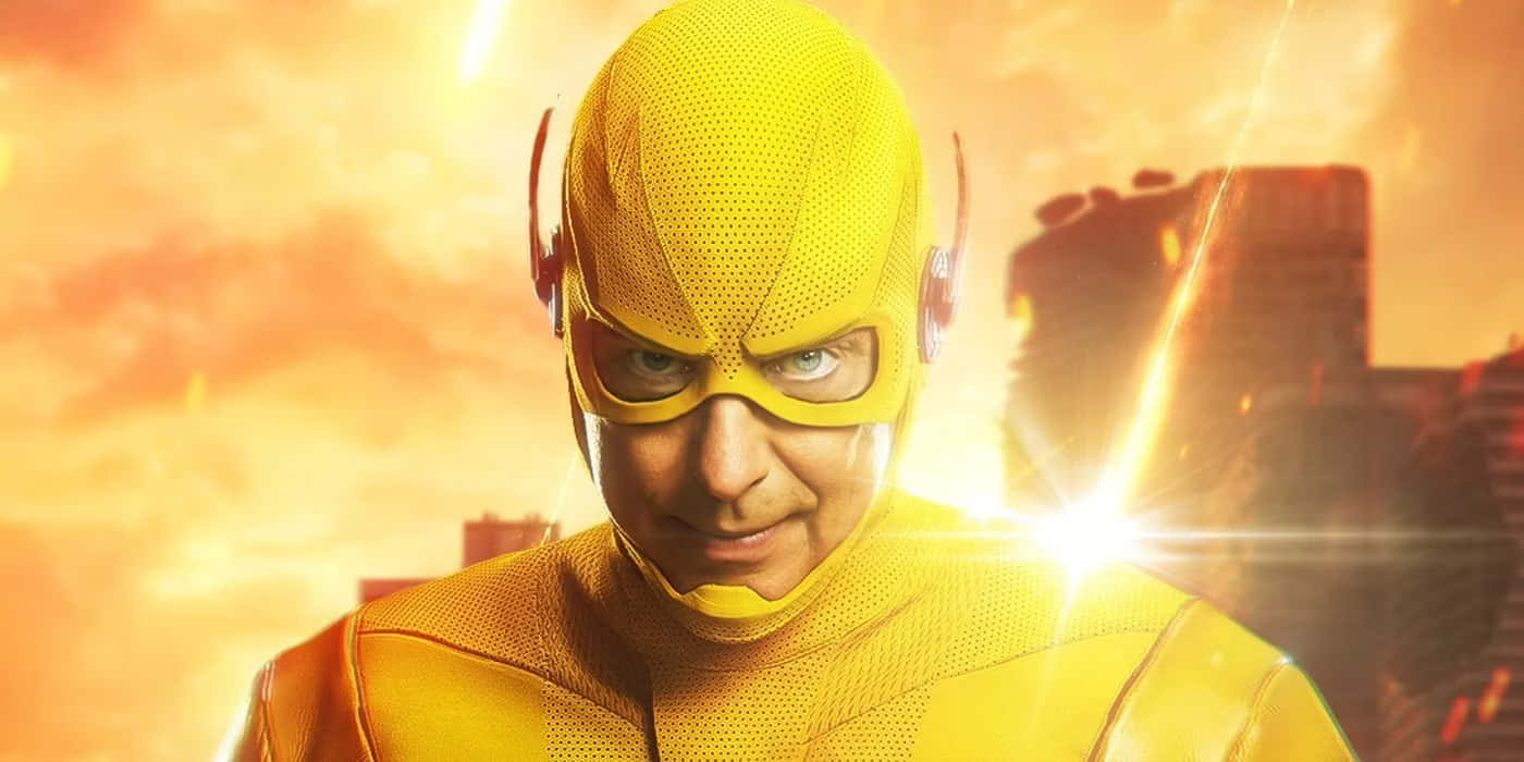 Reverse Flash, yellow suit, fiery orange sky, HD Desktop Wallpaper