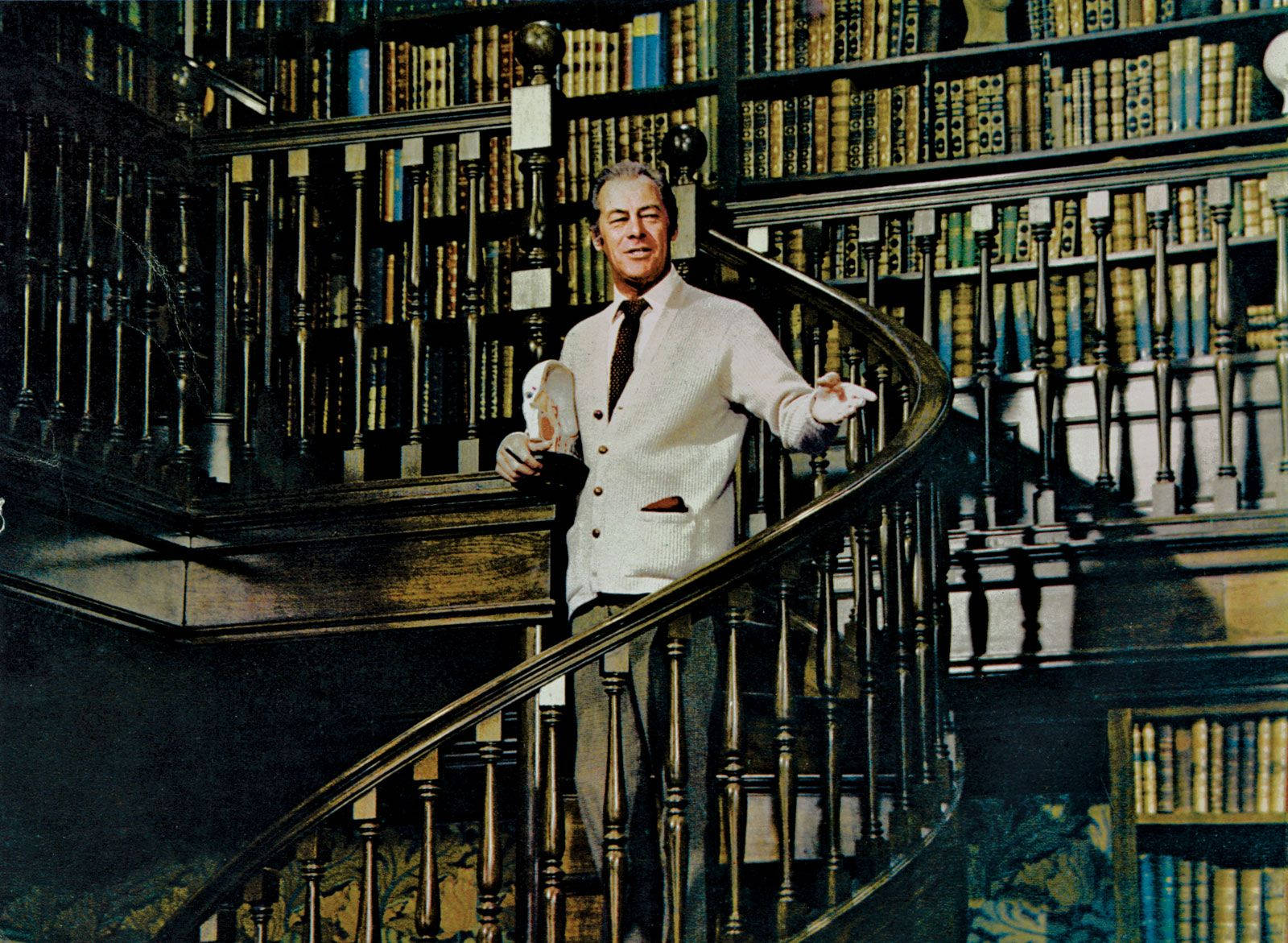 Rex Harrison, grand spiral staircase, towering bookshelves, HD Desktop Wallpaper