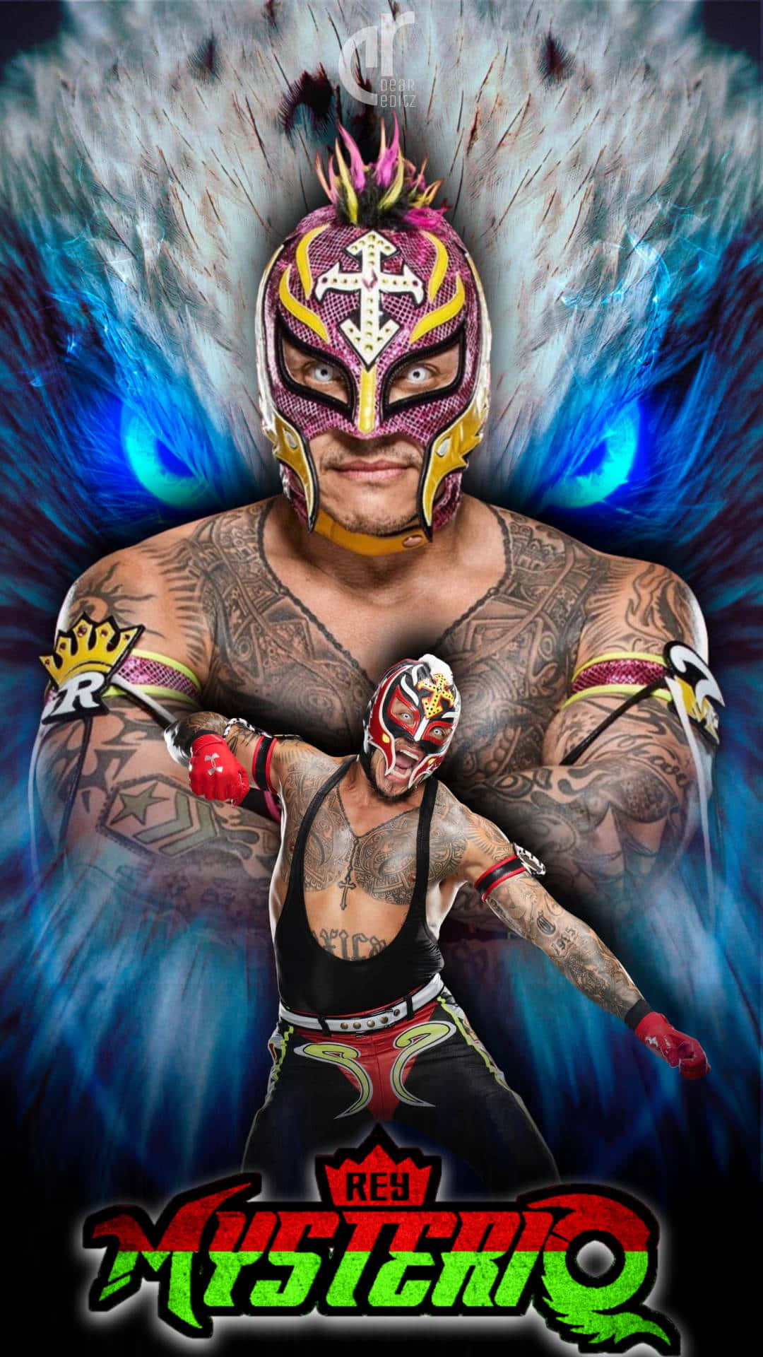 Rey Mysterio, purple and gold lucha libre mask, tattoos, Full HD Phone Wallpaper