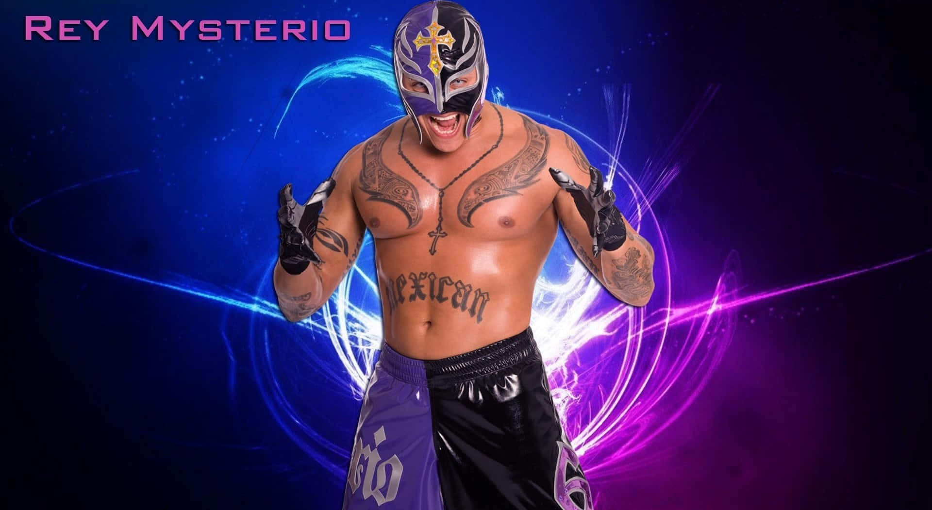 Rey Mysterio, purple and black lucha libre mask, swirling blue and purple cosmic background, Full HD Desktop Wallpaper