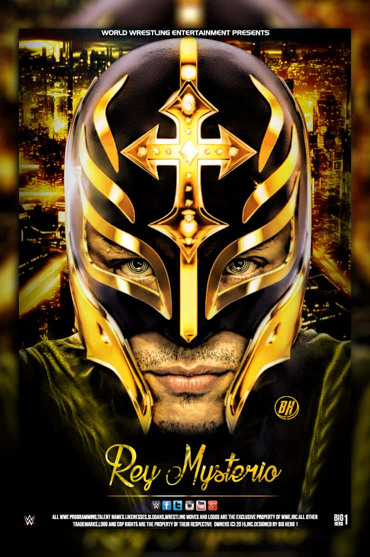 Rey Mysterio, gold and black lucha libre mask, glowing cityscape backdrop, SD Phone Wallpaper
