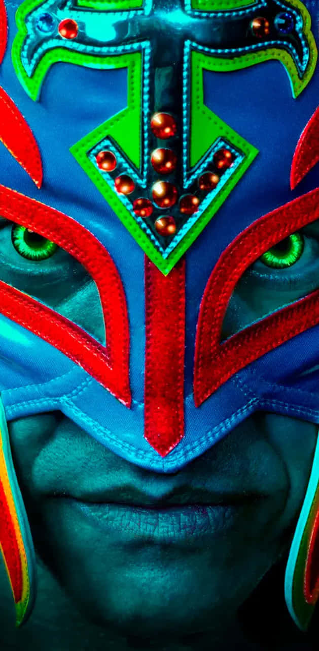 Rey Mysterio, vibrant blue red and green mask, glowing green eyes, HD Phone Wallpaper