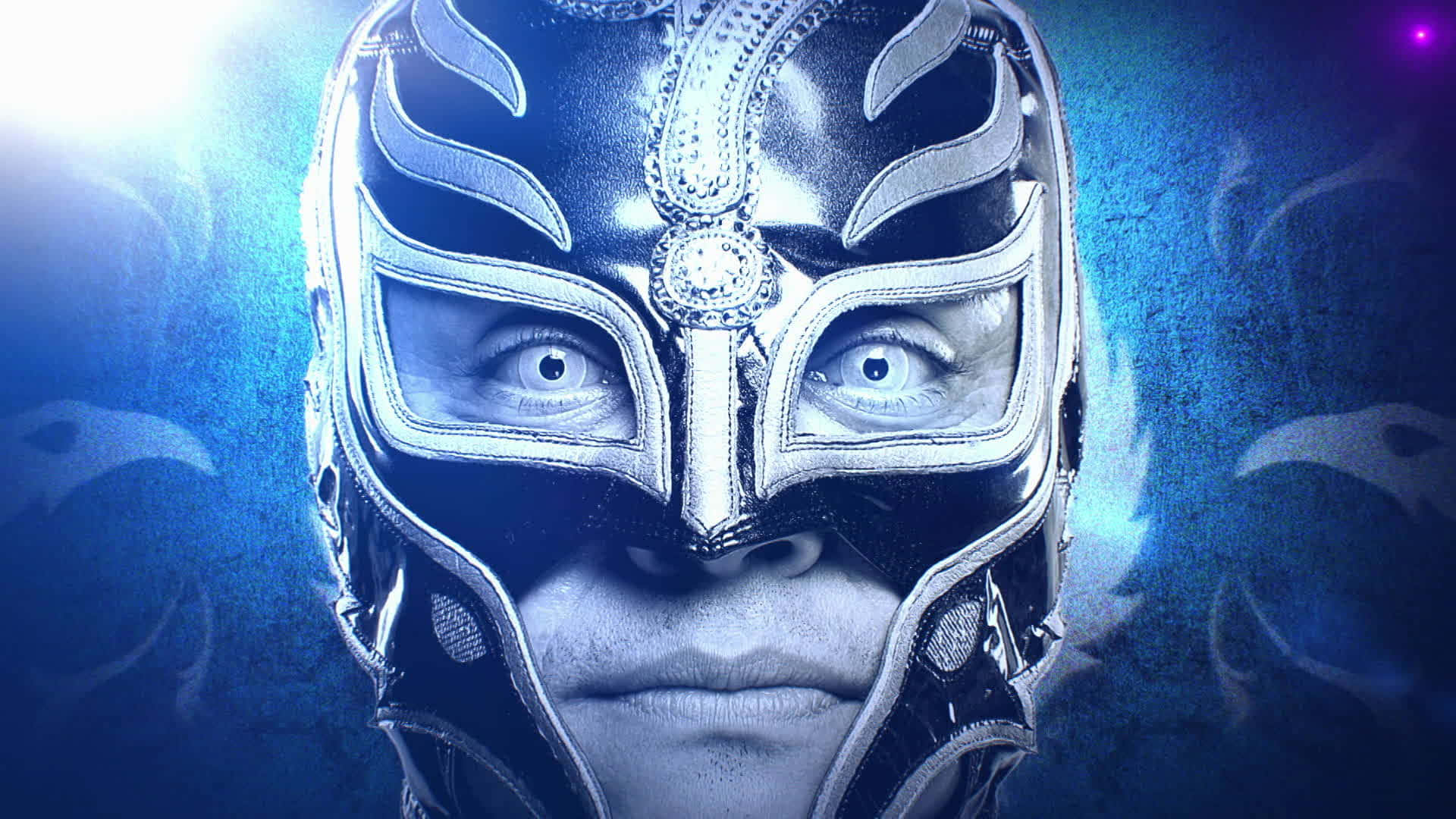 Rey Mysterio, silver and black mask, glowing blue background, Full HD Desktop Wallpaper