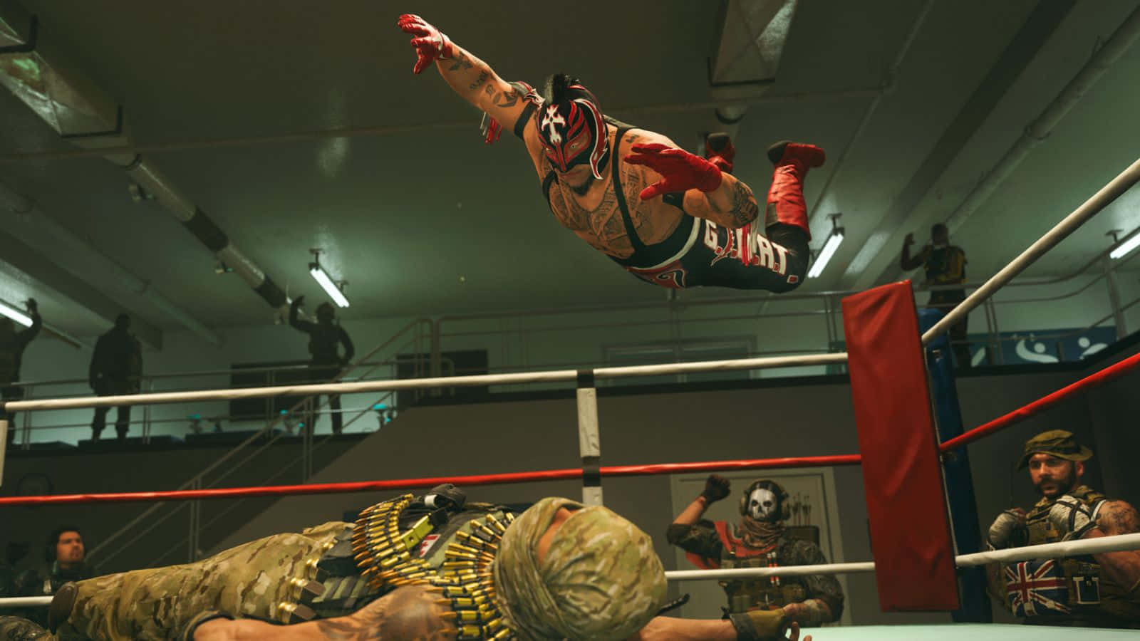 Rey Mysterio, red and black, midair attack, HD Desktop Wallpaper