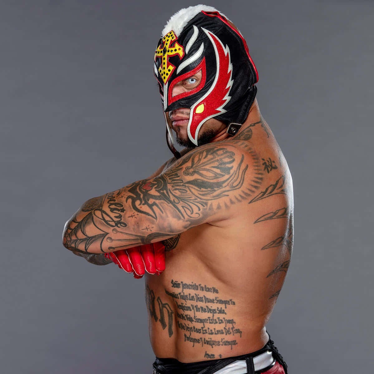 Rey Mysterio, red and black flame design, tattoos, SD Desktop Wallpaper