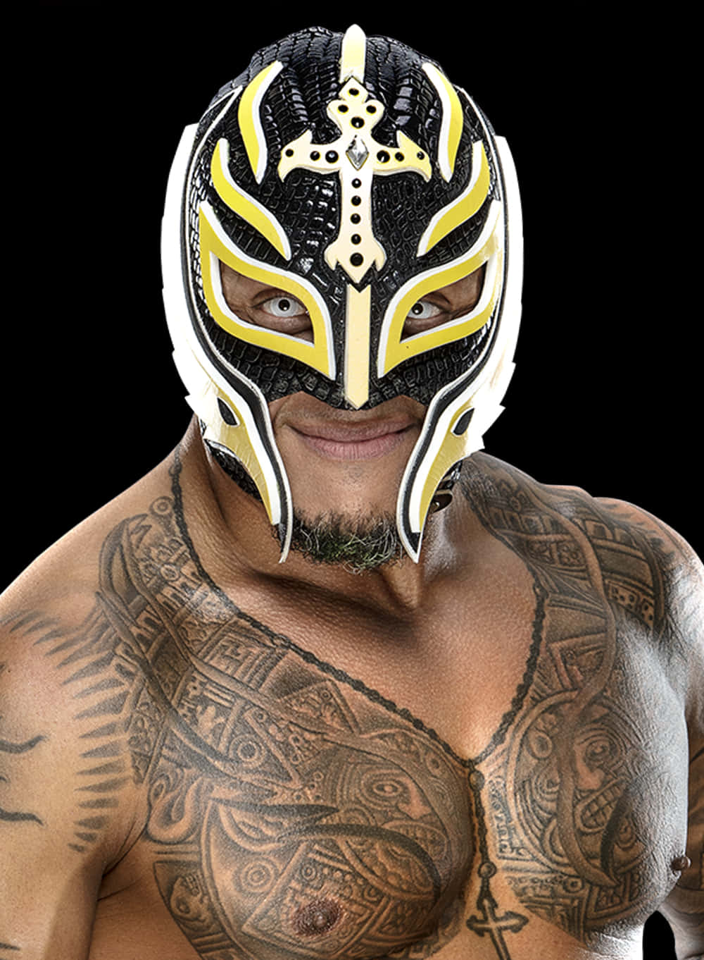Rey Mysterio, black yellow and white mask, cross design, HD Phone Wallpaper