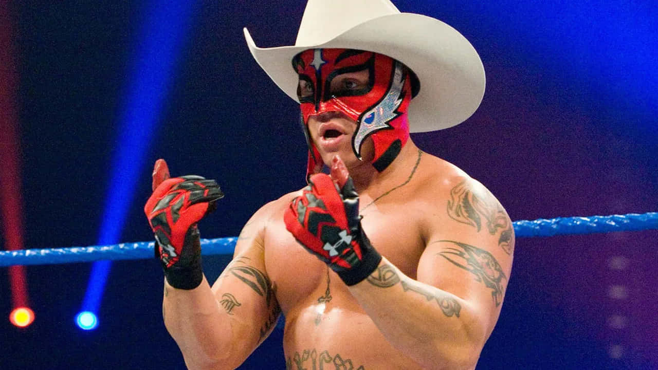 Rey Mysterio, red and black mask, white cowboy hat, HD Desktop Wallpaper