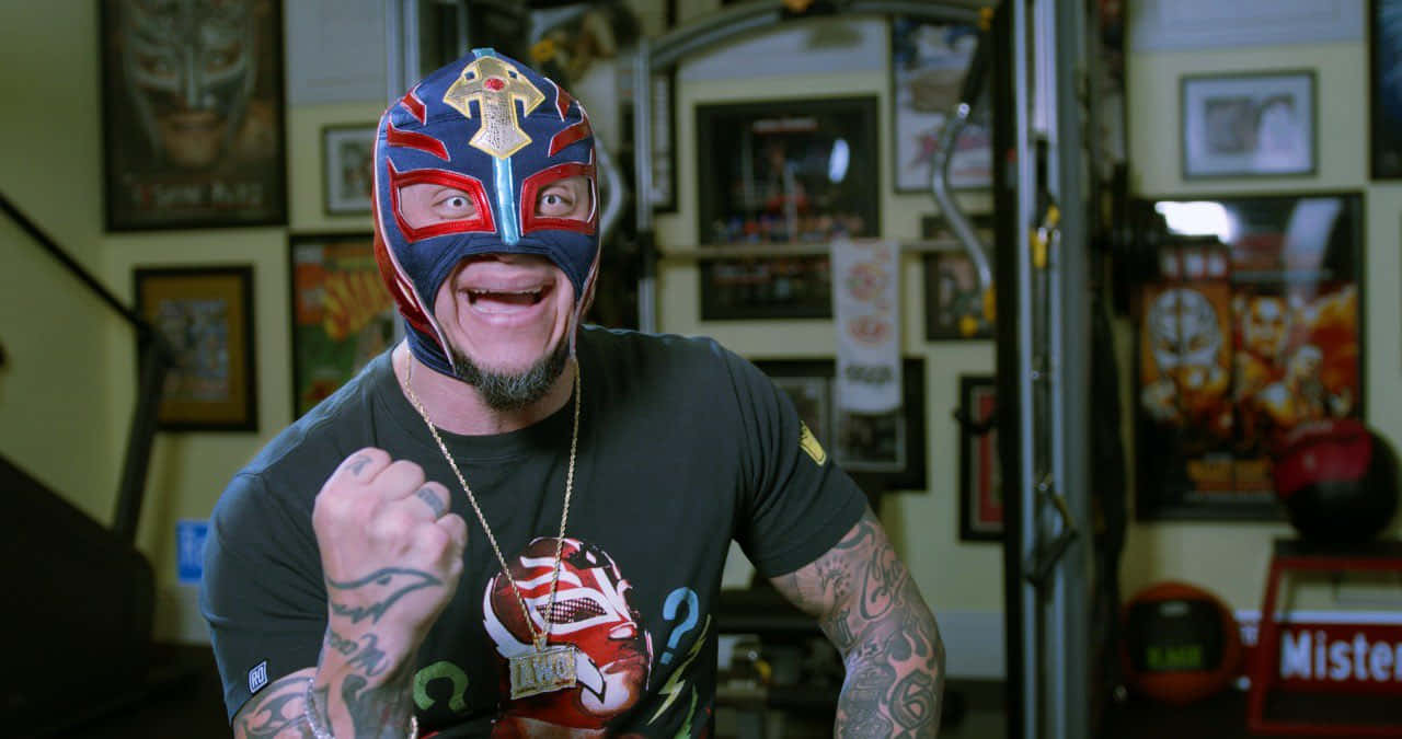 Rey Mysterio, blue red and gold mask, decorated garage, HD Desktop Wallpaper