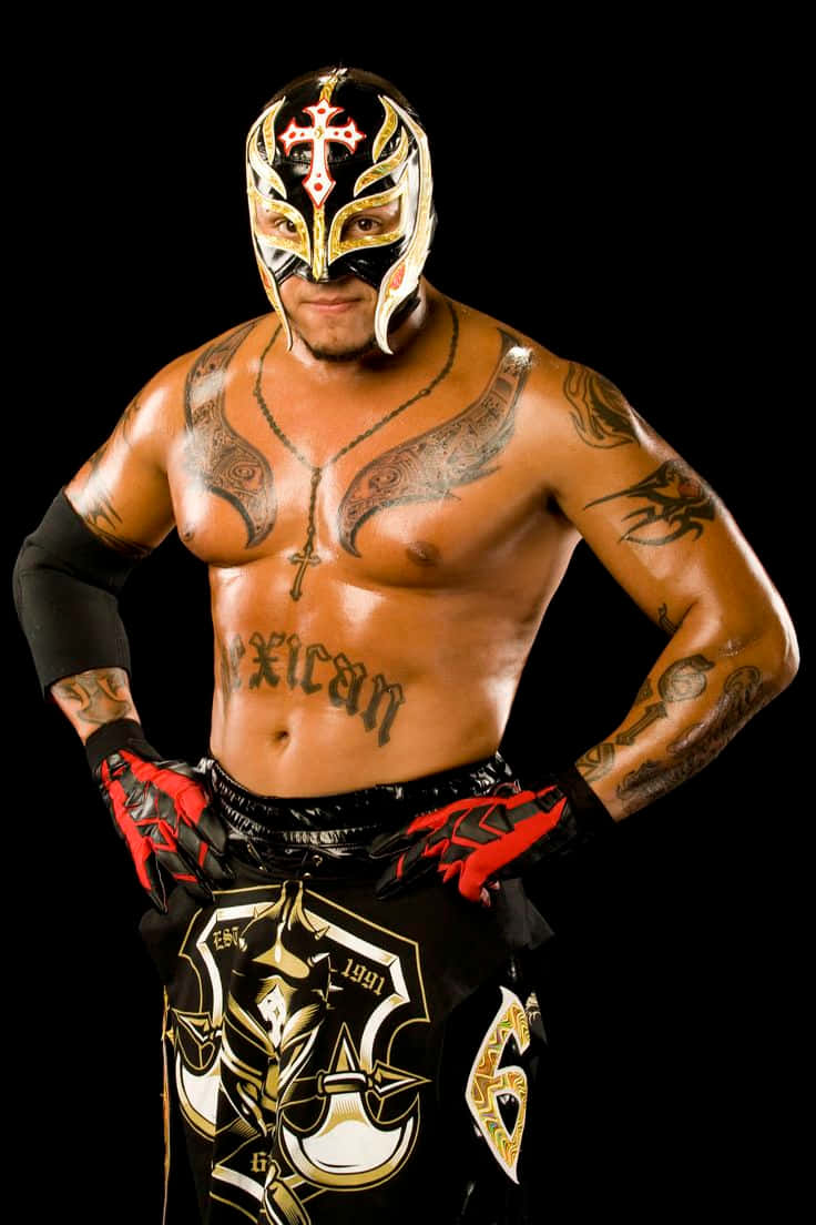 Rey Mysterio, black gold and red mask, tattoos, SD Phone Wallpaper