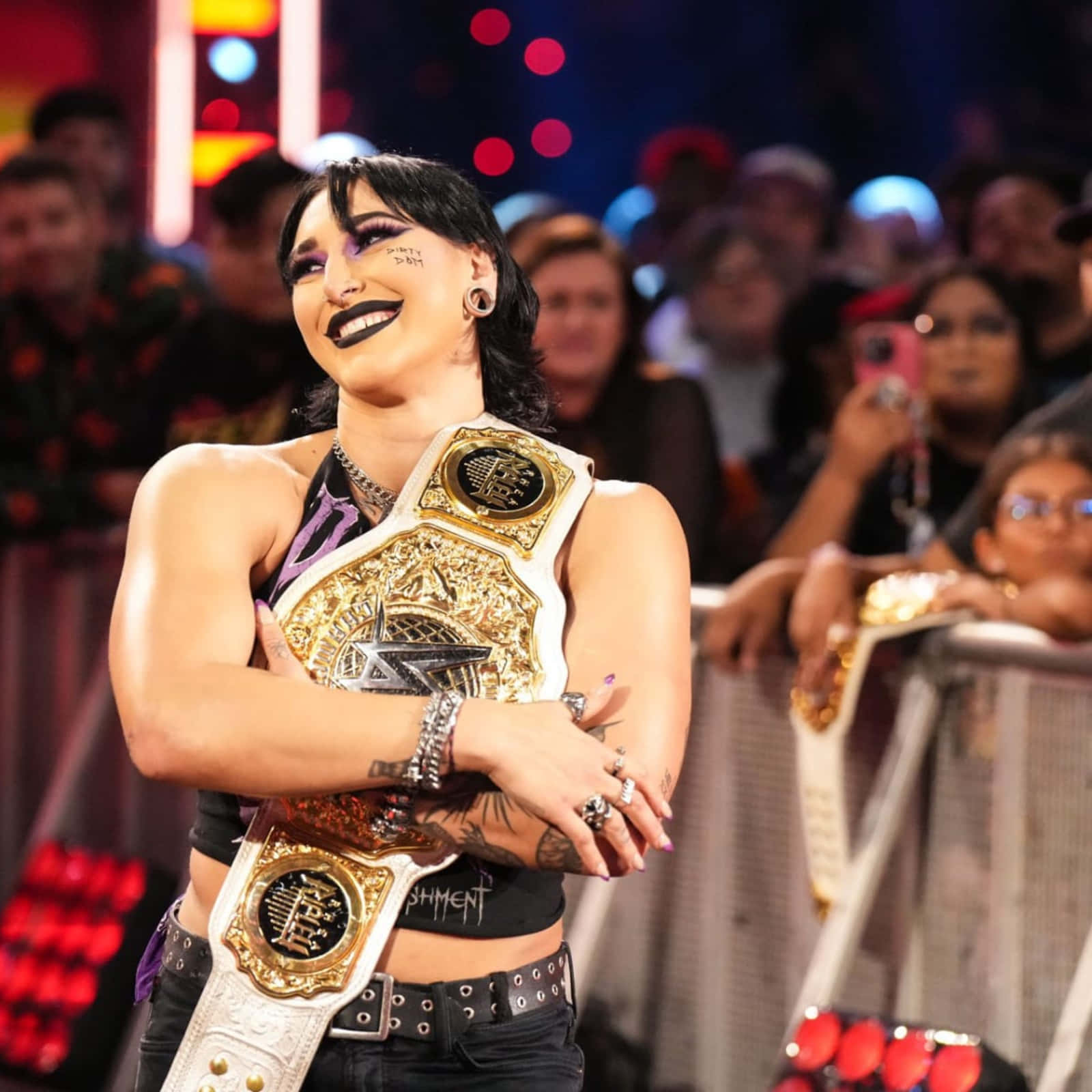 Rhea Ripley, championship belt, arena lights, HD Desktop Wallpaper