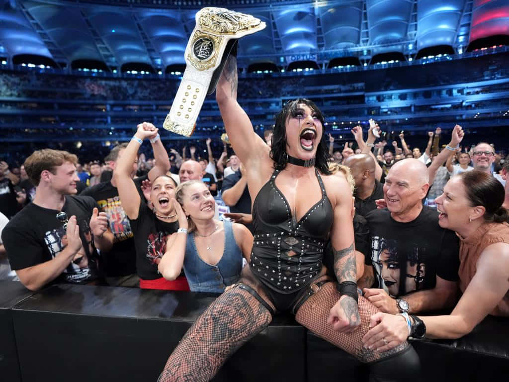 Rhea Ripley, championship belt, black studded gear, SD Desktop Wallpaper