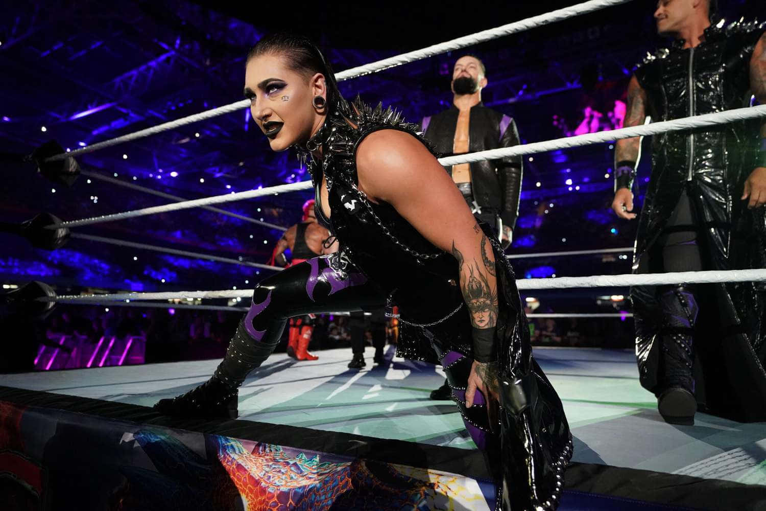 Rhea Ripley, black and purple gear, glowing blue lights, HD Desktop Wallpaper
