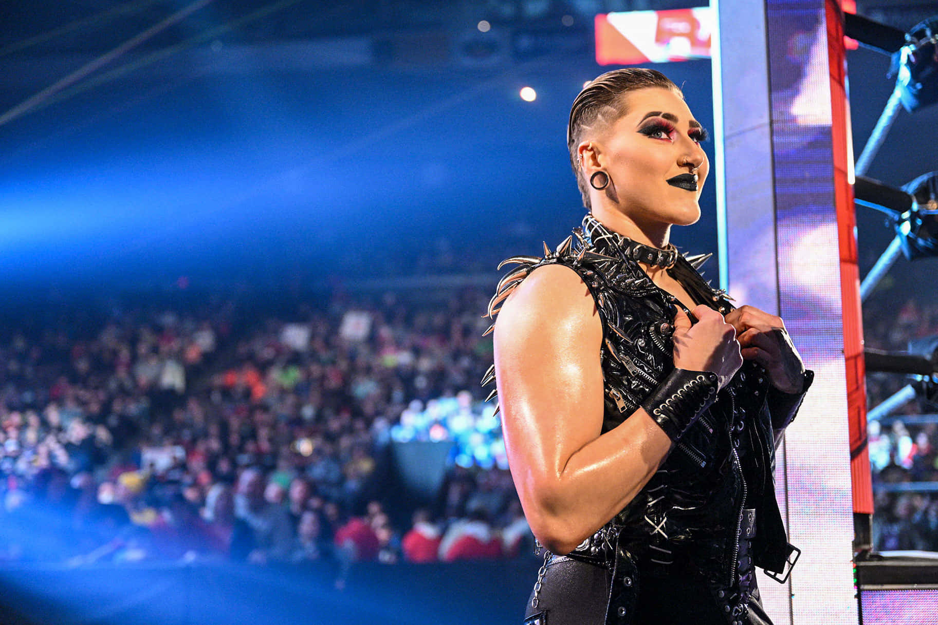 Rhea Ripley, black spiked gear, bright stage lights, HD Desktop Wallpaper
